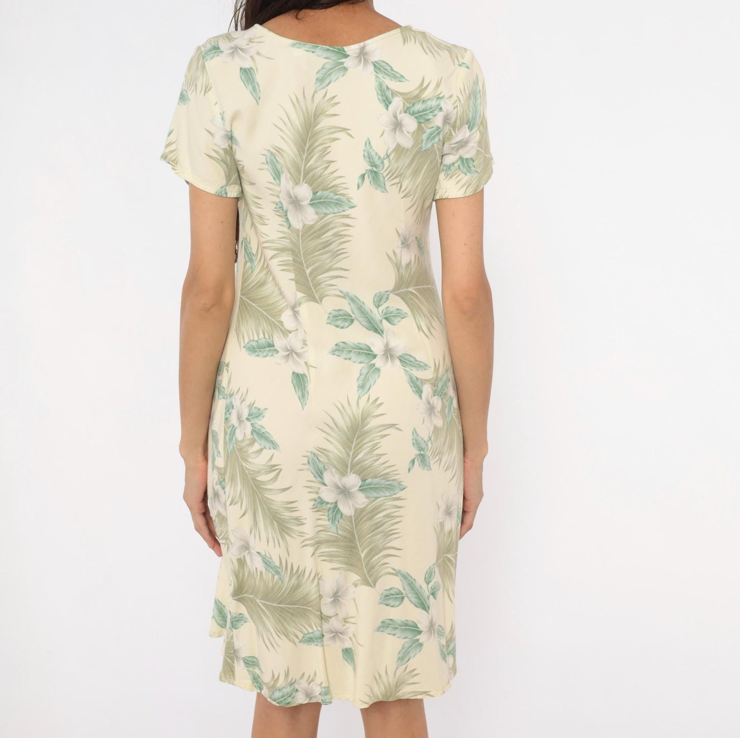 90s Hilo Hattie Hawaiian Dress Plumeria Palm Leaf Cream Olive Medium M