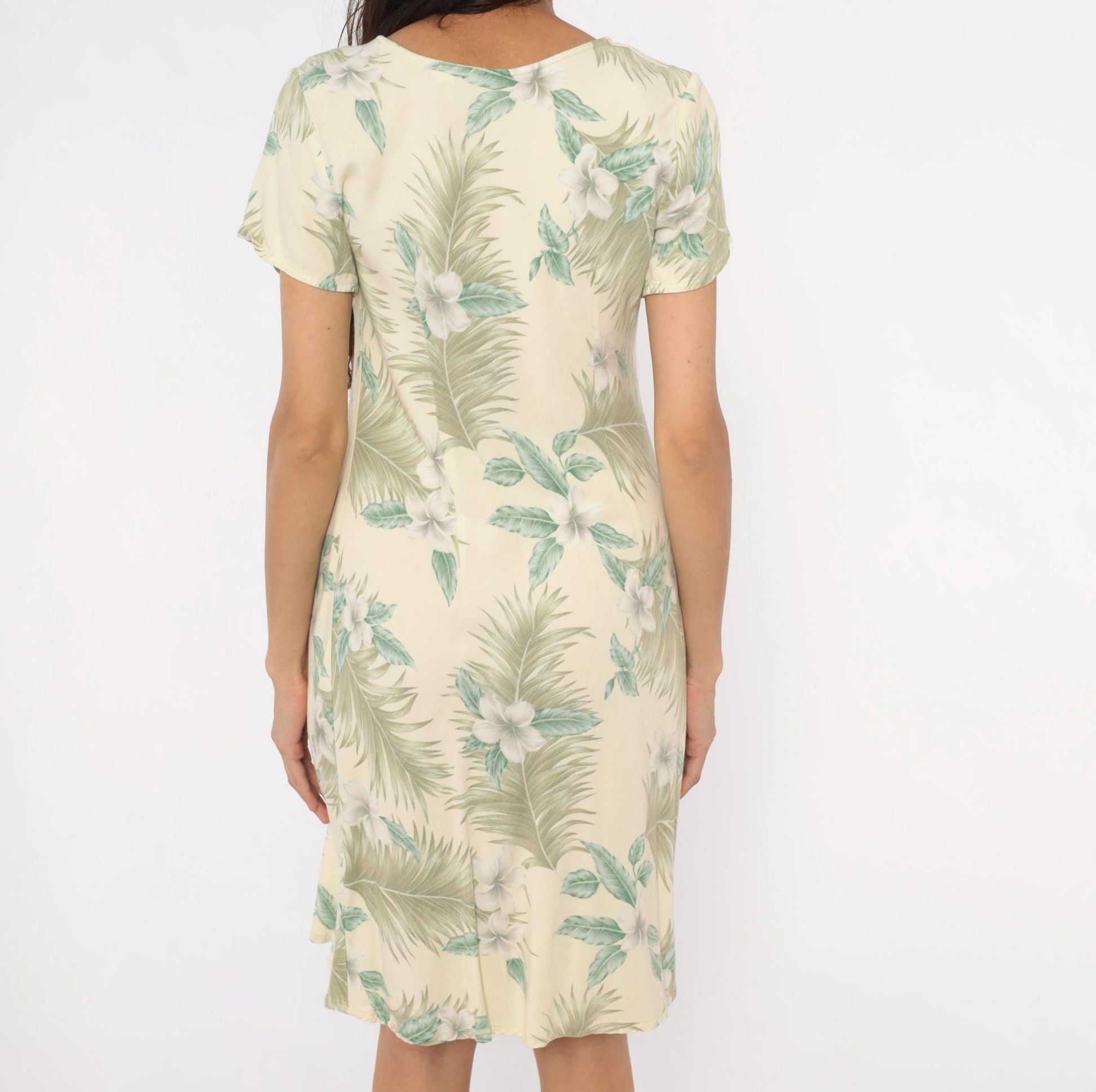 90s Hilo Hattie Hawaiian Dress Plumeria Palm Leaf Cream Olive Medium M