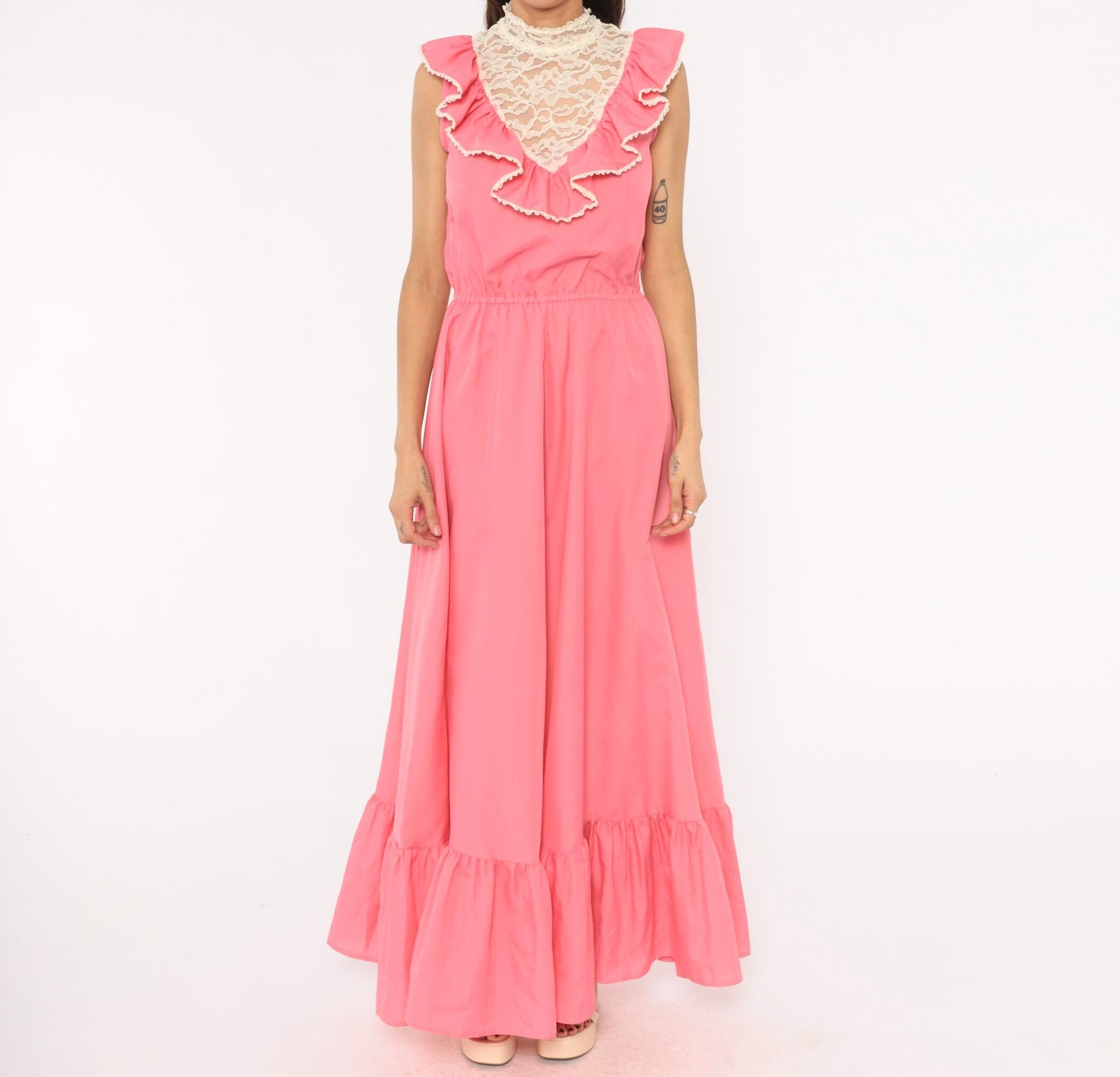 70s Pink Lace Bib Maxi Dress Ruffle Trim High Neck Floral Panel Medium