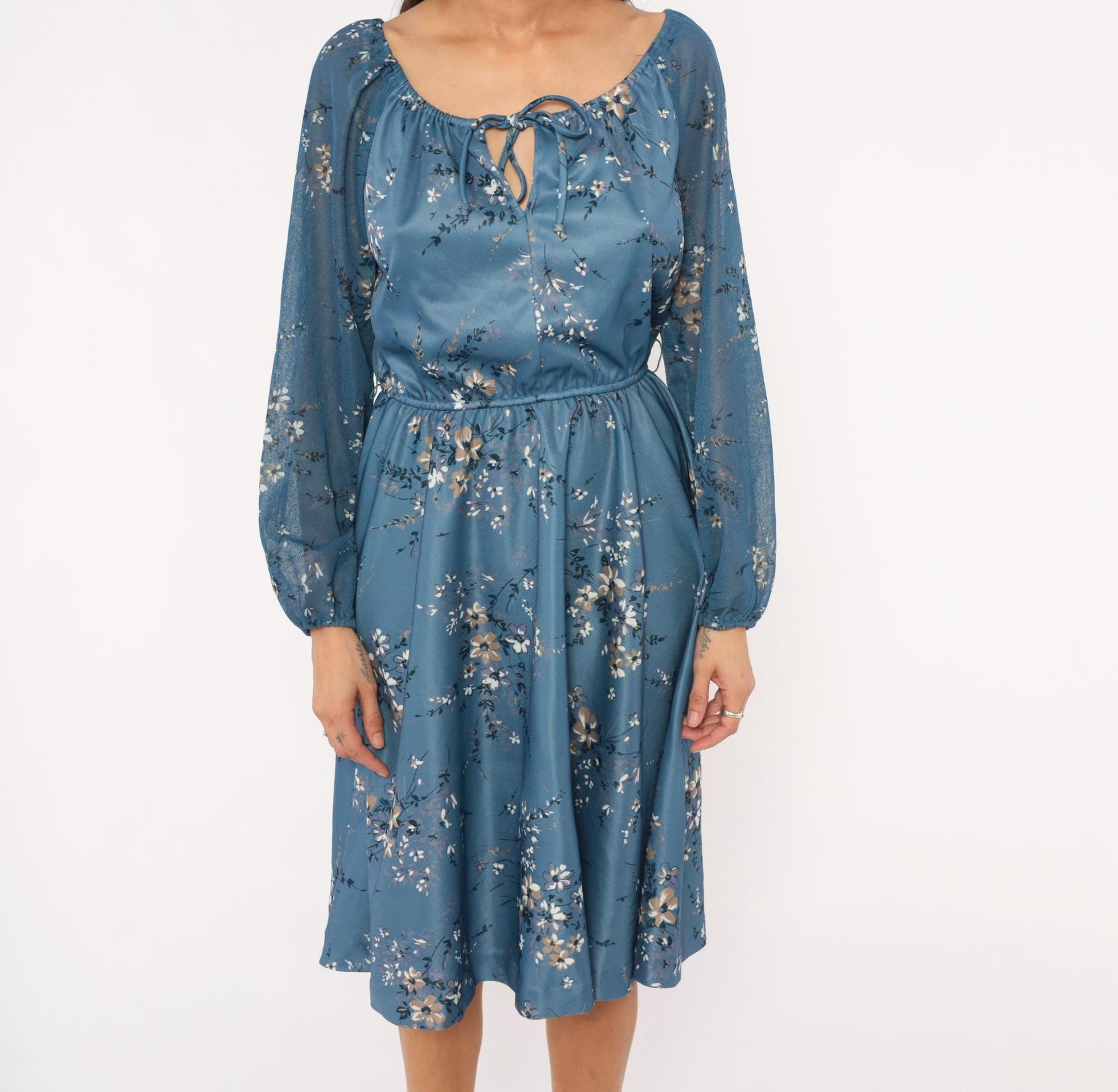 70s Steel Blue Wildflower Peasant Dress Bishop Sleeve Tie Front Knee Length Large L