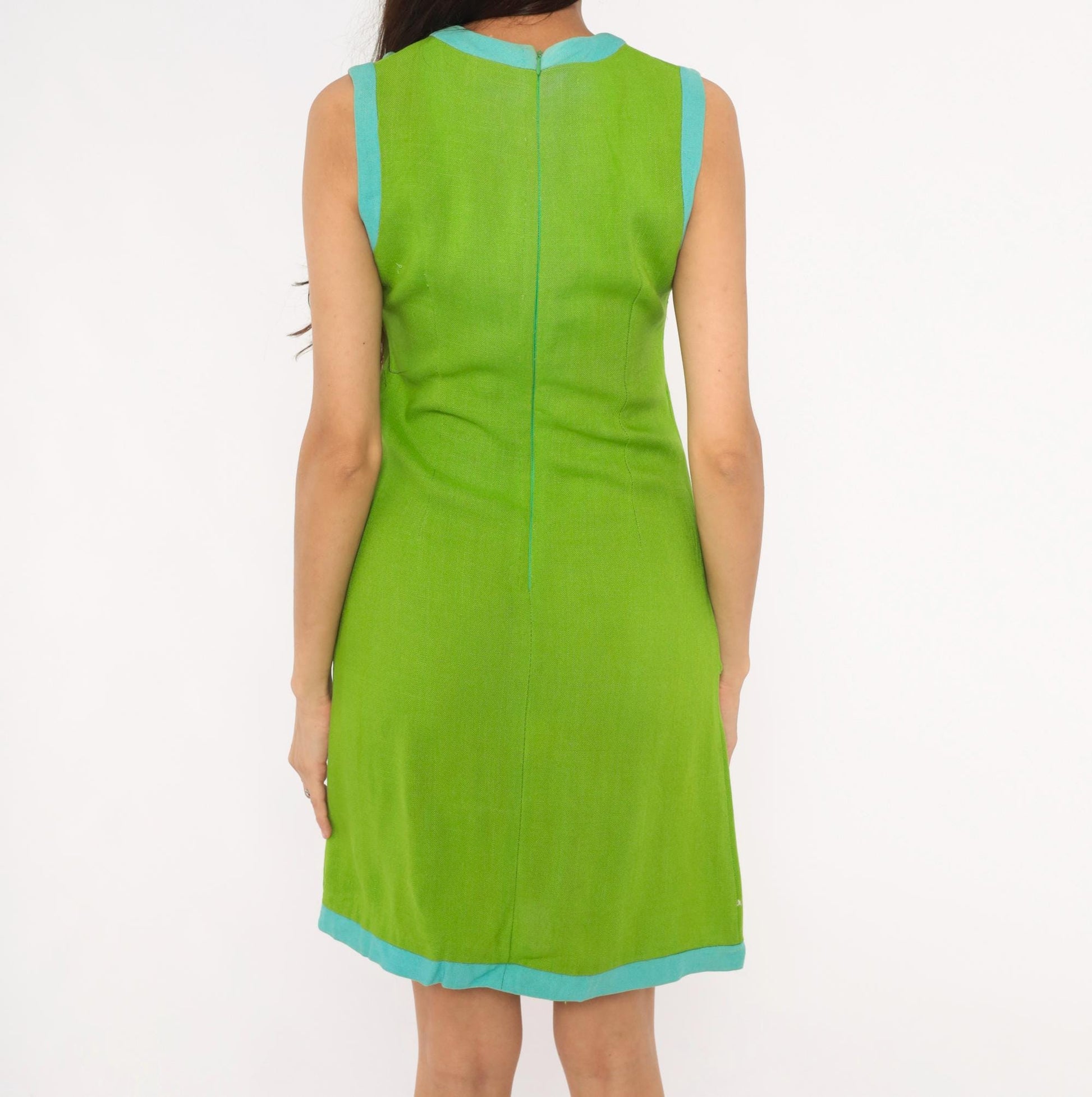 60s Mod Shift Dress Lime Green Aqua Trim Cotton Mini A-Line Extra Small XS
