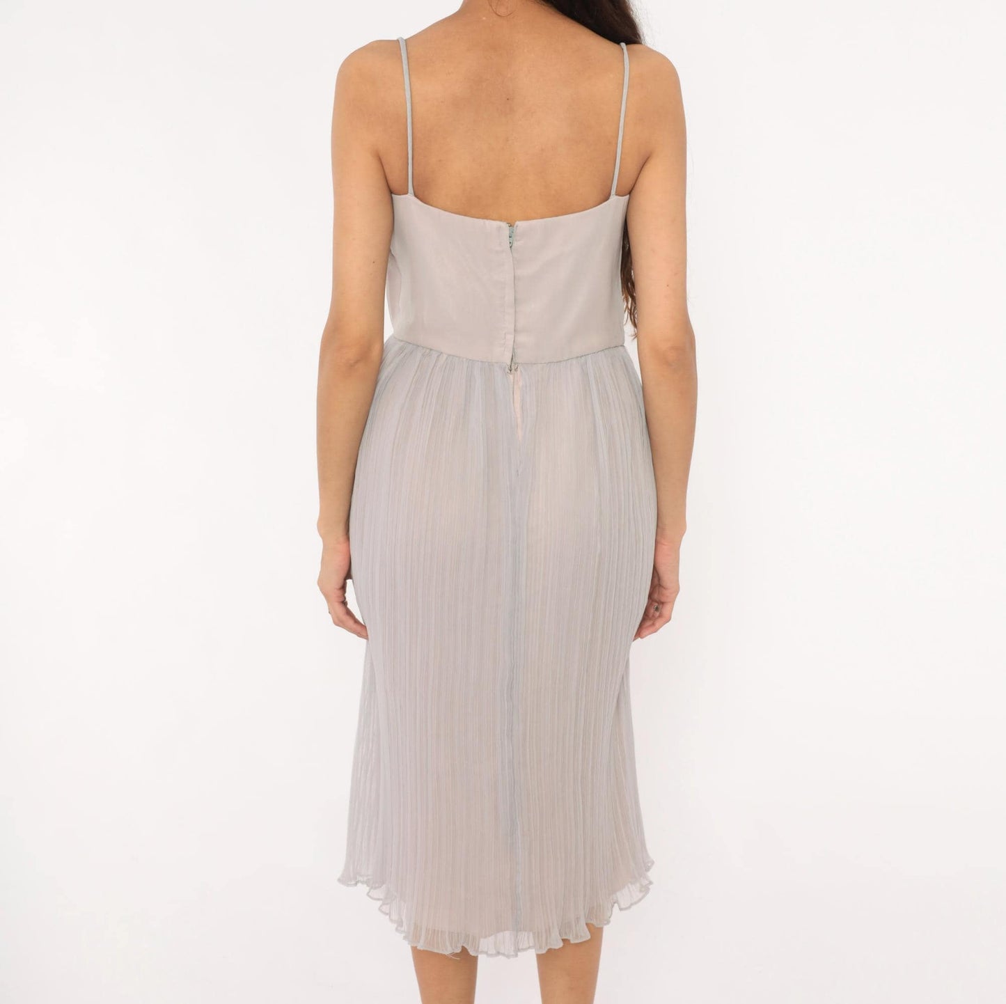 70s Lee Jordan Lavender Midi Dress Square Neck Pleated Chiffon Extra Small XS