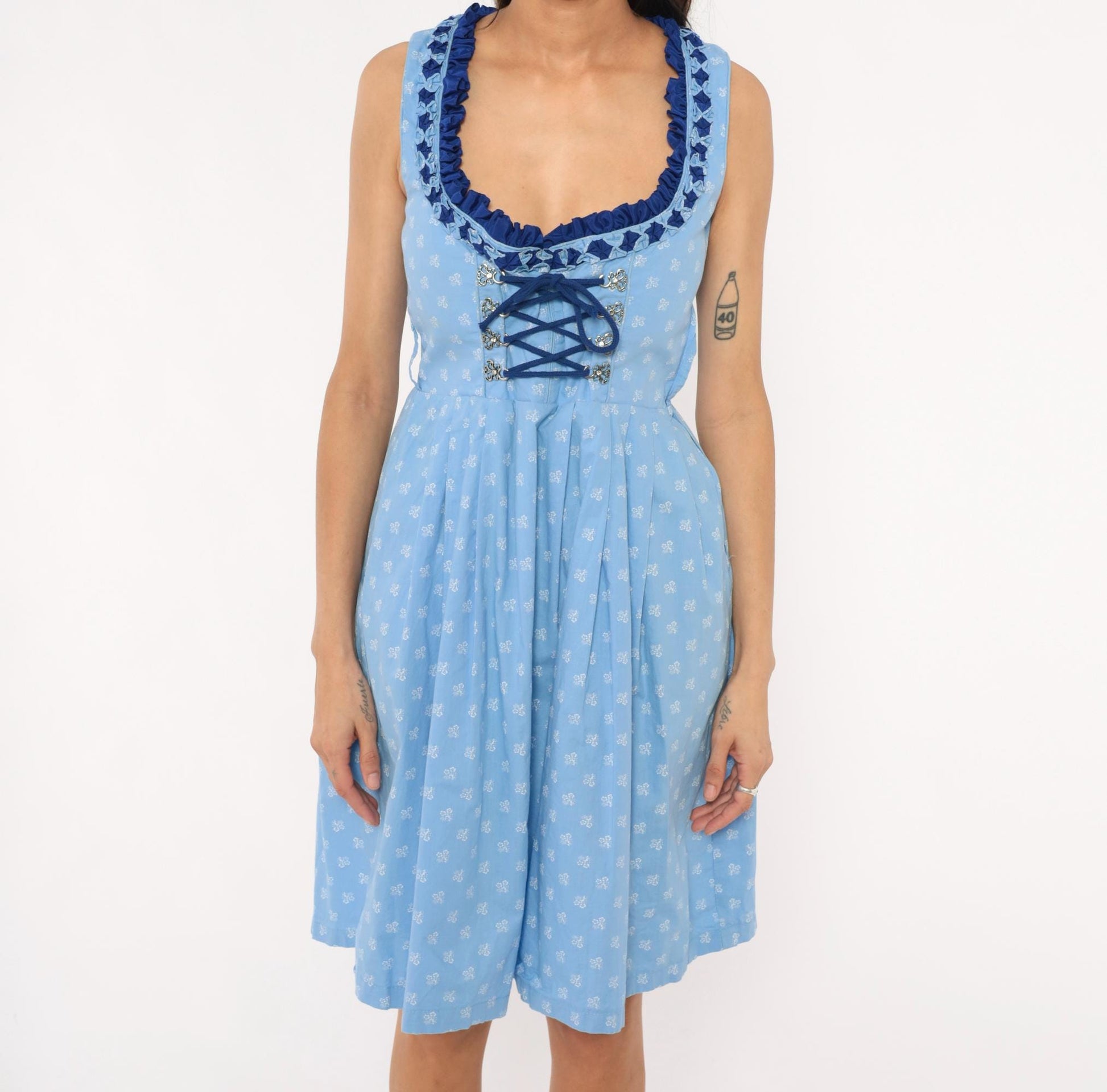 2000s Almenrausch Bavarian Dirndl Dress Sky Blue Floral Cotton Medium M