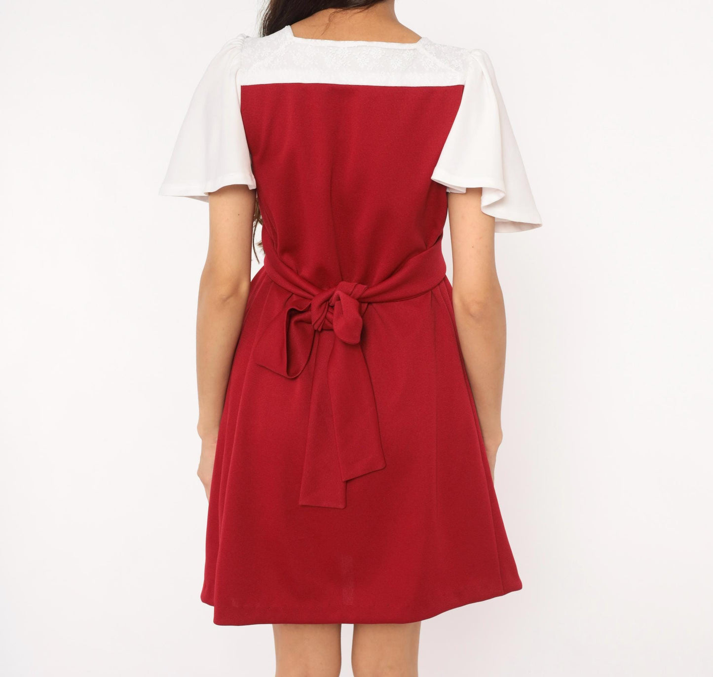 70s Burgundy Wine Mini Dress Ivory Bodice Puff Sleeve Square Neck Empire Waist Small