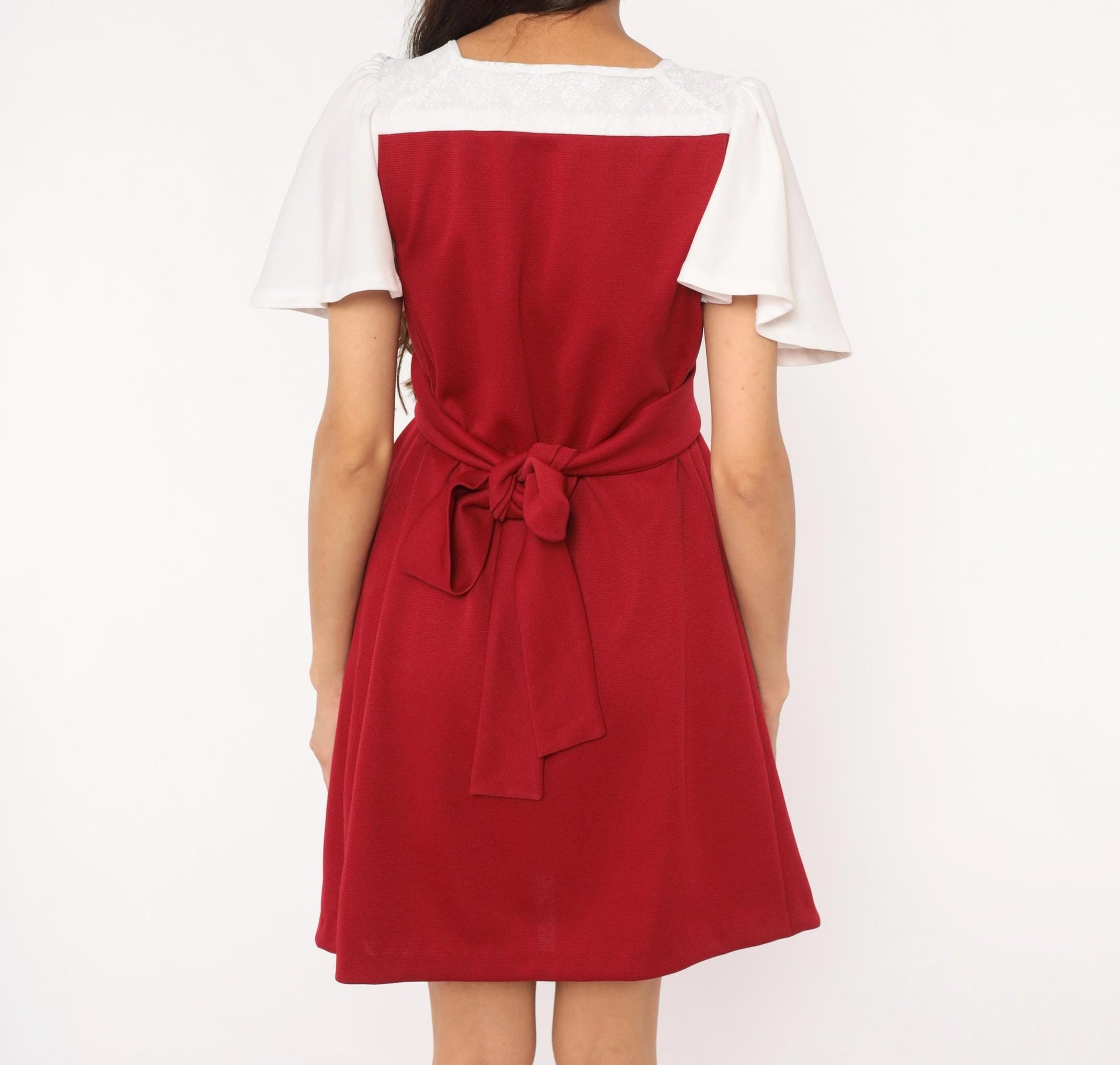 70s Burgundy Wine Mini Dress Ivory Bodice Puff Sleeve Square Neck Empire Waist Small
