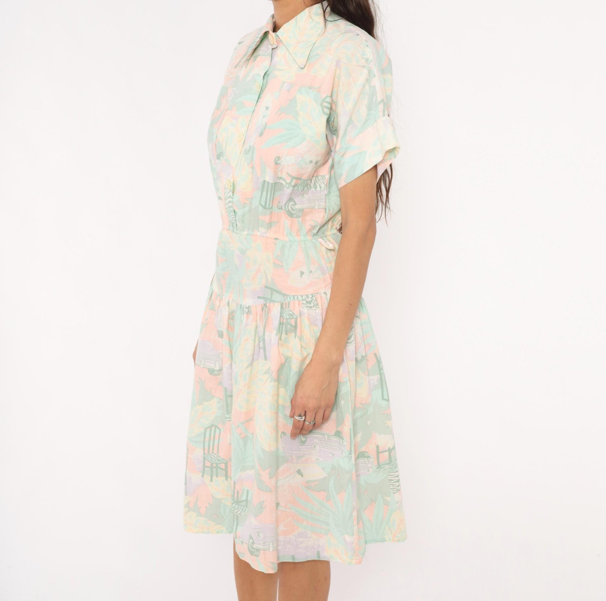 80s 3 Star Novelty Print Shirt Dress Pink Teal Knee-Length Small