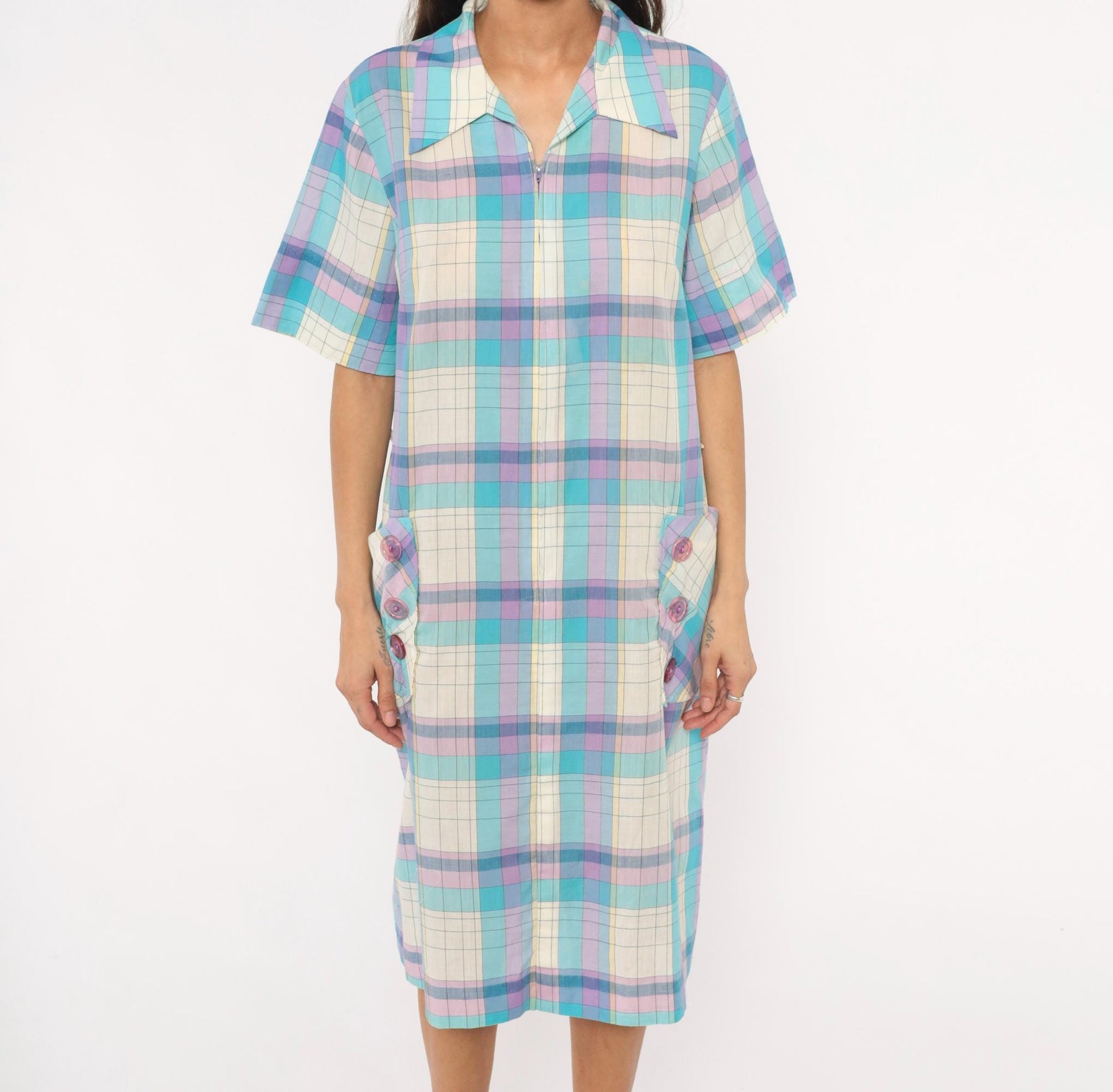 70s Pastel Plaid Zip-Front Housecoat Shift Dress Aqua Purple Knee Length Extra Large