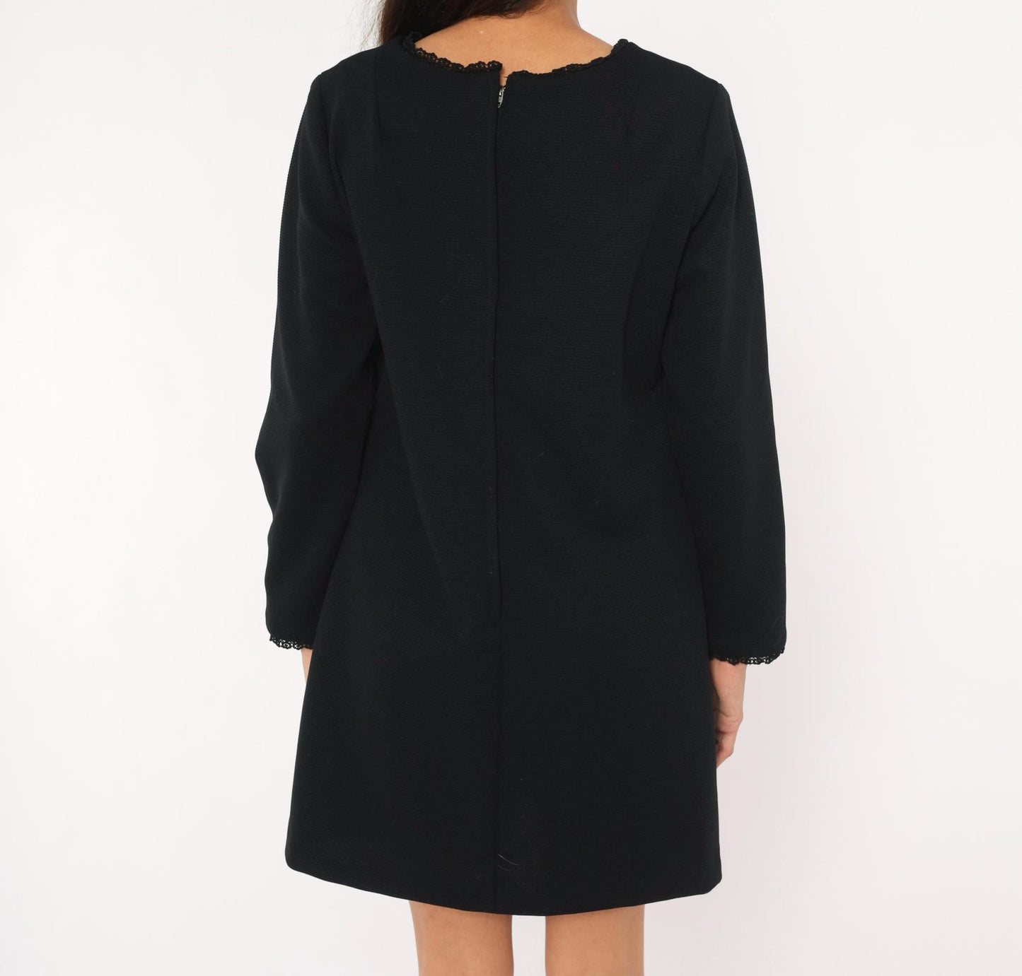 70s Meg Madison Black Shift Dress Lace Trim Long Sleeve Mini Crew Neck Large L