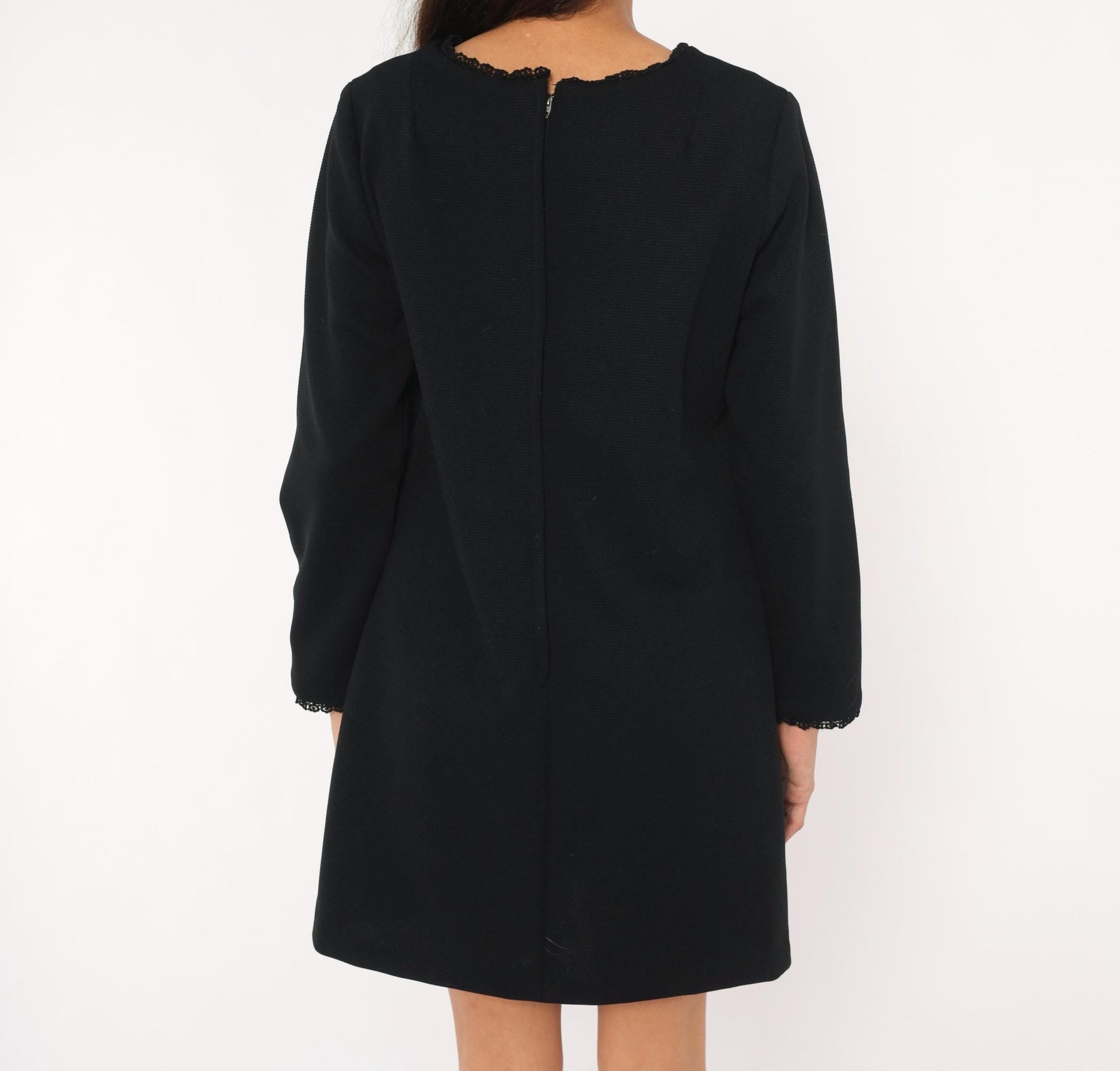 70s Meg Madison Black Shift Dress Lace Trim Long Sleeve Mini Crew Neck Large L