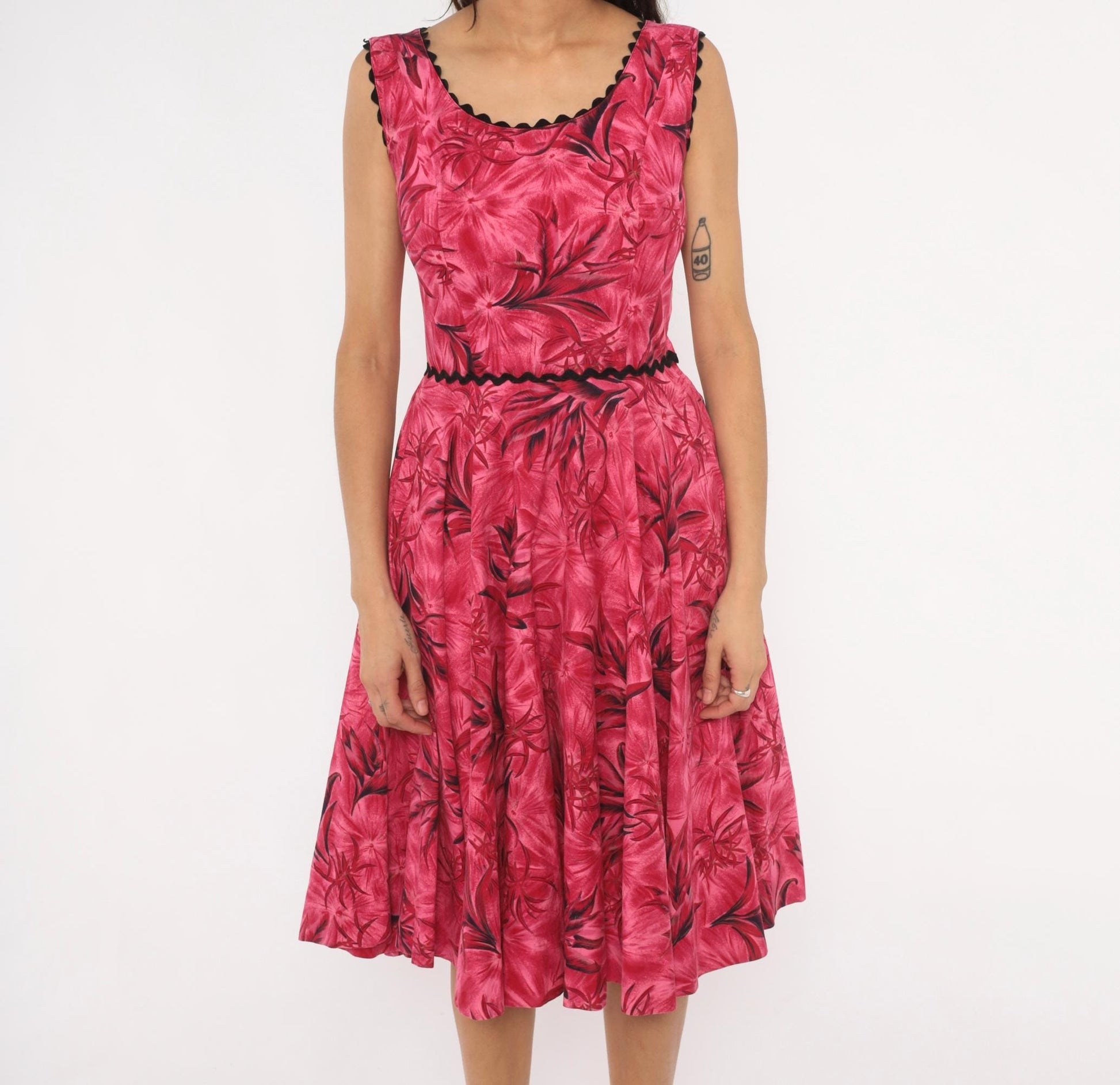 60s Tropical Floral A-Line Dress Pink Black Ric Rac Cotton Small