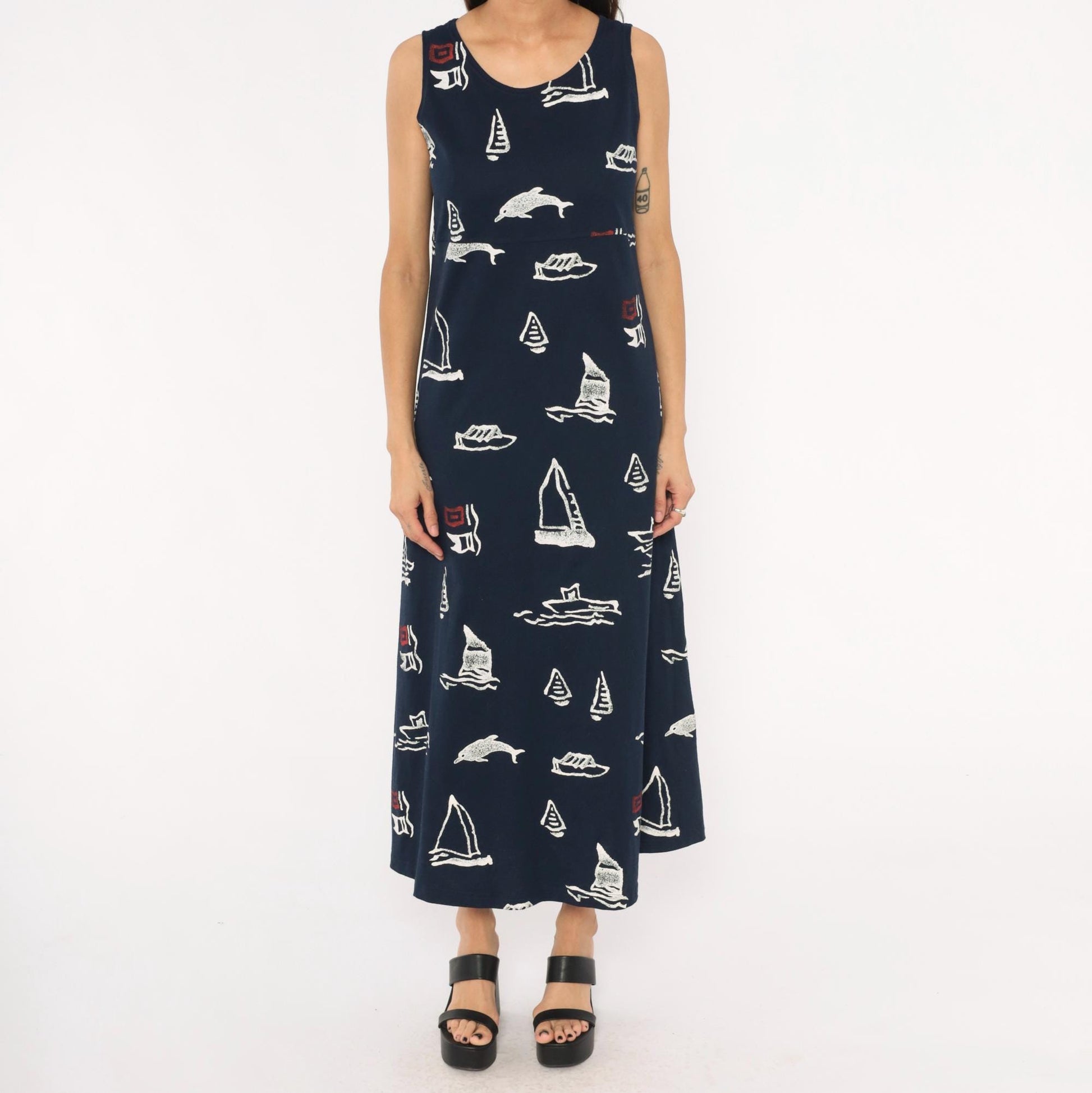 90s Copa Cabana Navy Nautical Maxi Dress Sailboat Dolphin Print Medium