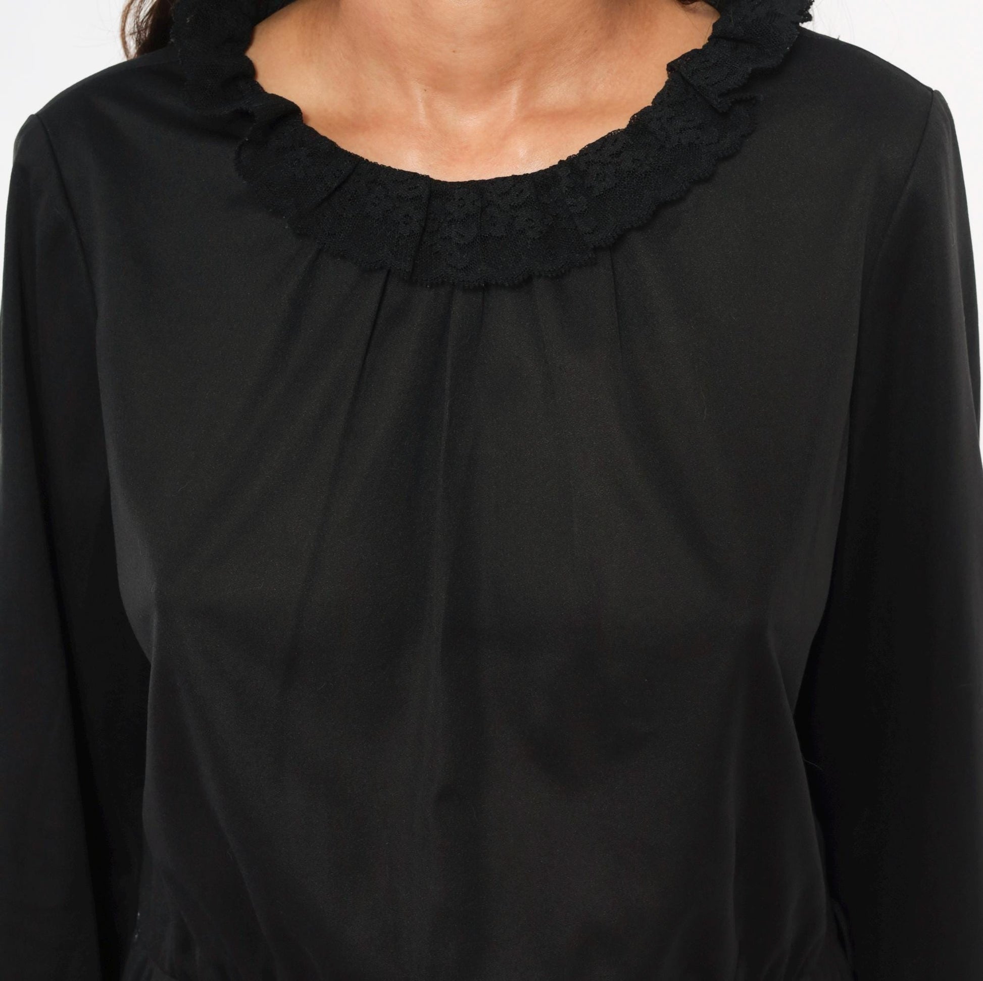 70s Black Lace Trim Scoop Neck A-Line Dress Knee Length Long Sleeve Medium Large