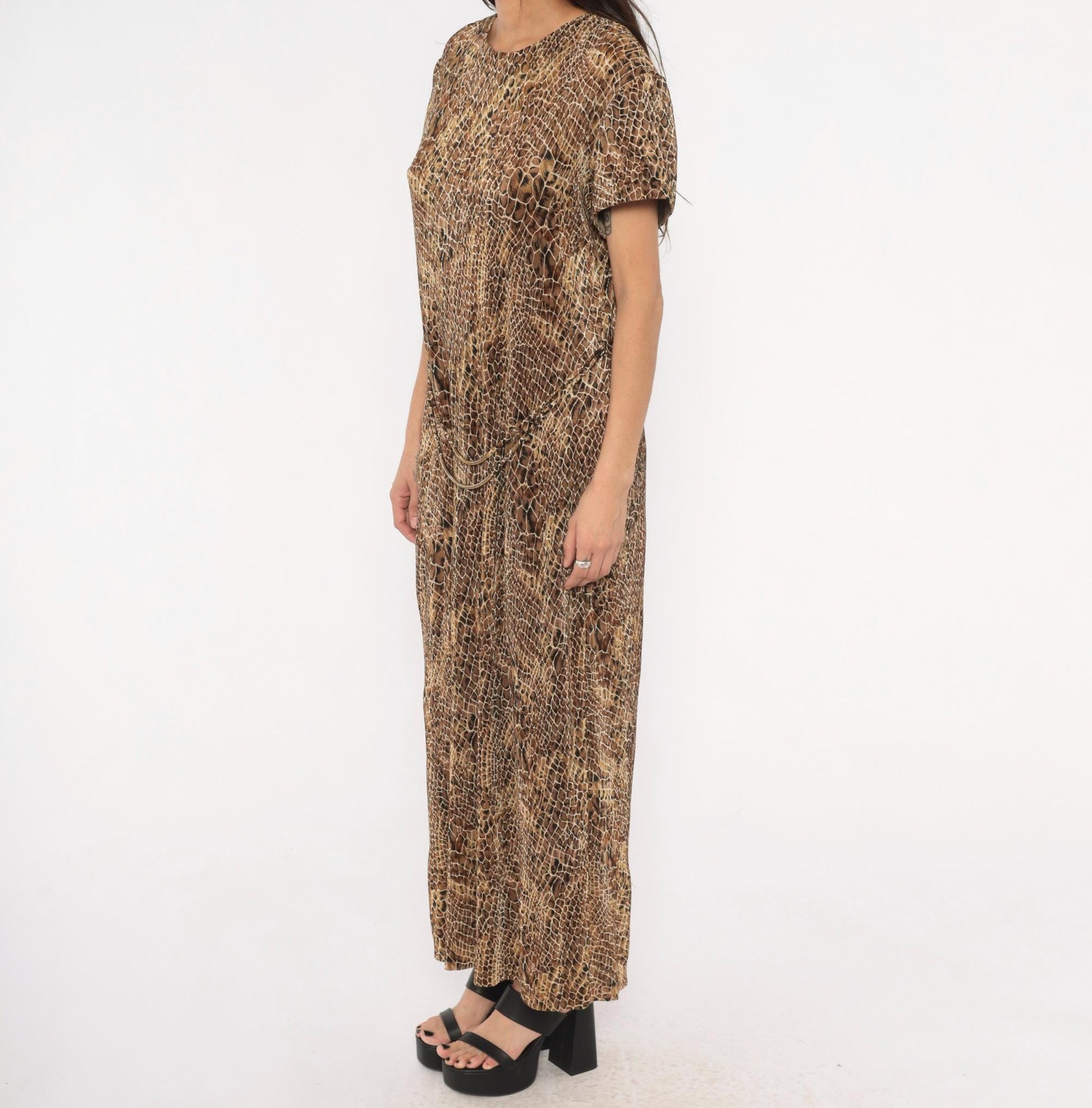 90s Scarlett Snakeskin Maxi Dress Brown Tan Black Animal Print Shift Extra Large