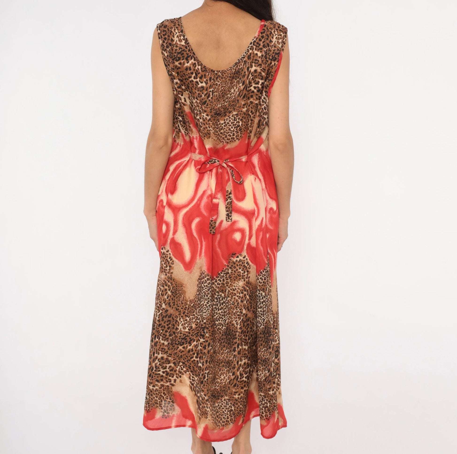 90s Leopard Flame Print Maxi Dress Sleeveless Scoop Neck Chiffon Tie Back XXL