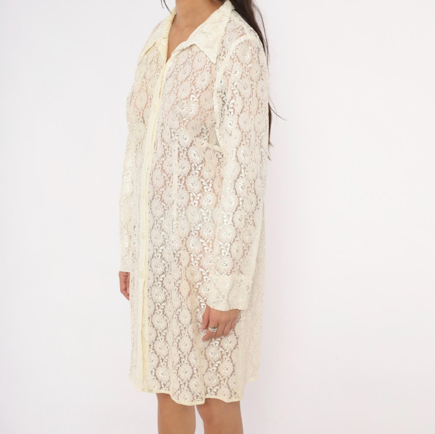 90s Deparis Cream Floral Lace Shirt Dress Knee Length Collared Large