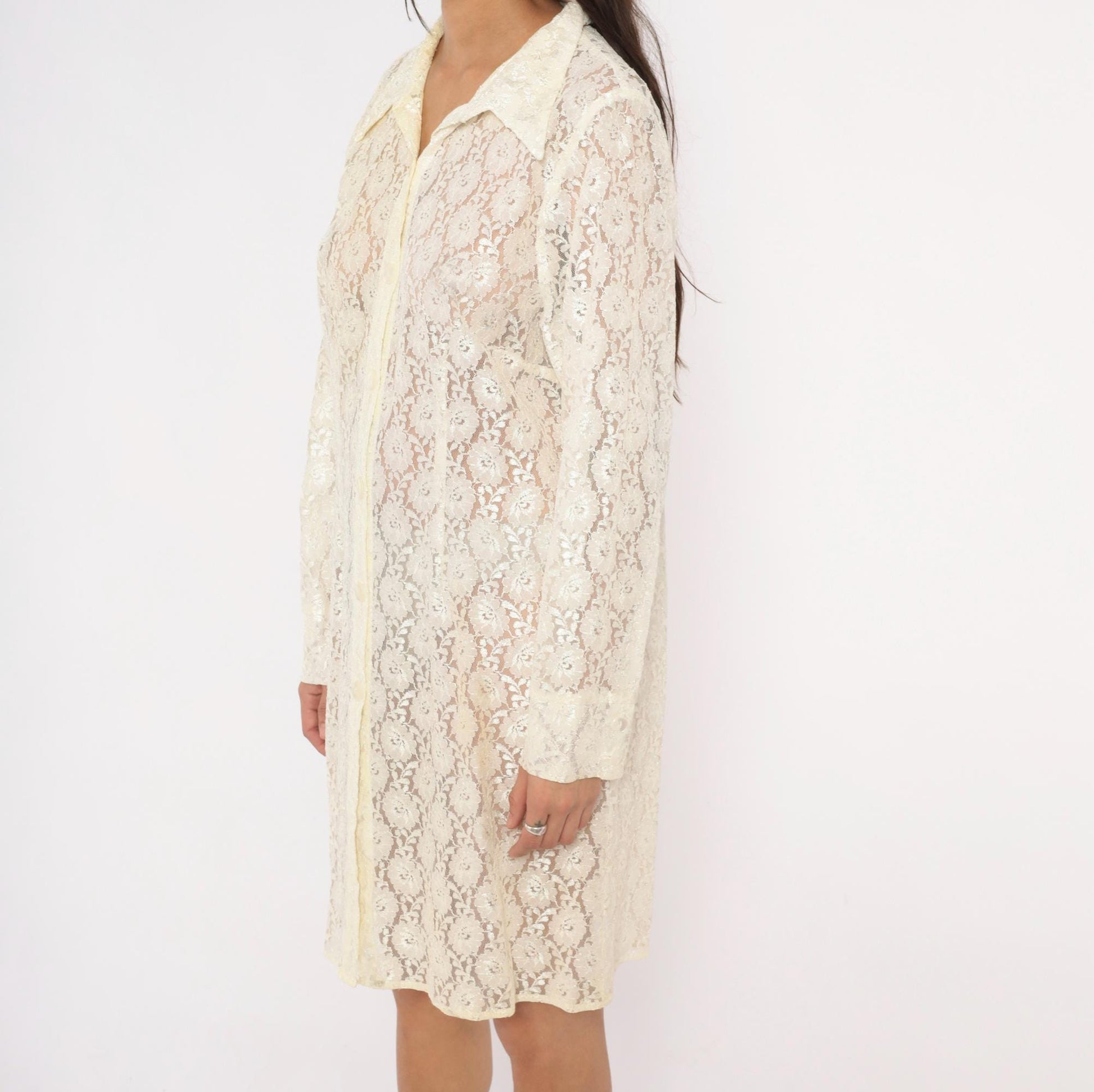 90s Deparis Cream Floral Lace Shirt Dress Knee Length Collared Large