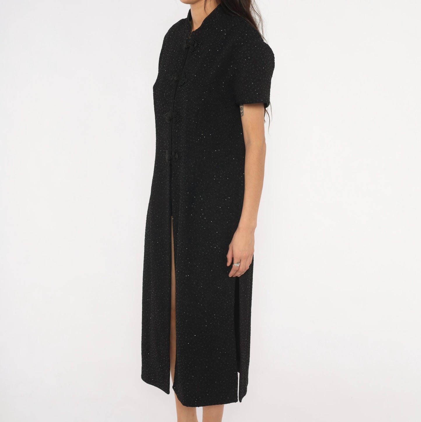 90s R&M Richards Black Glitter Cheongsam Midi Dress Frog Closure Mandarin Collar Extra Large