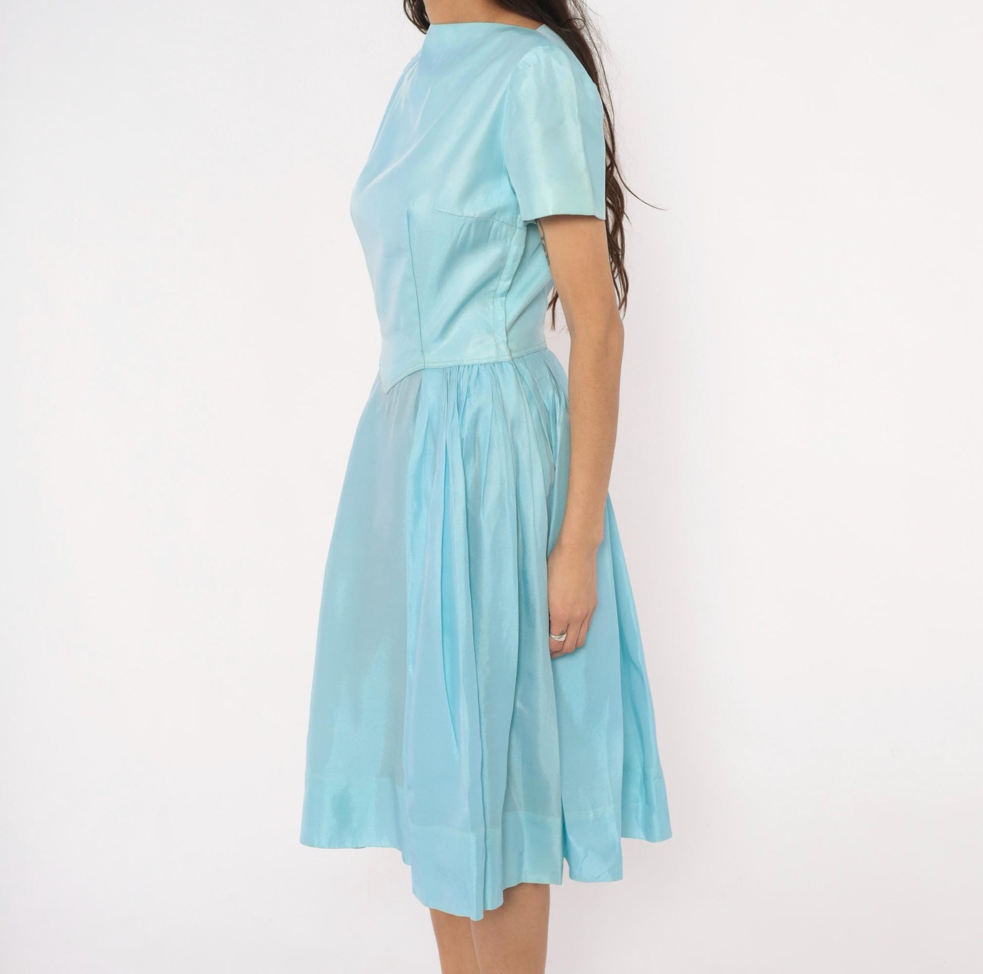 60s Baby Blue Fit-and-Flare Dress Basque Waist Pleated Knee-Length Large L