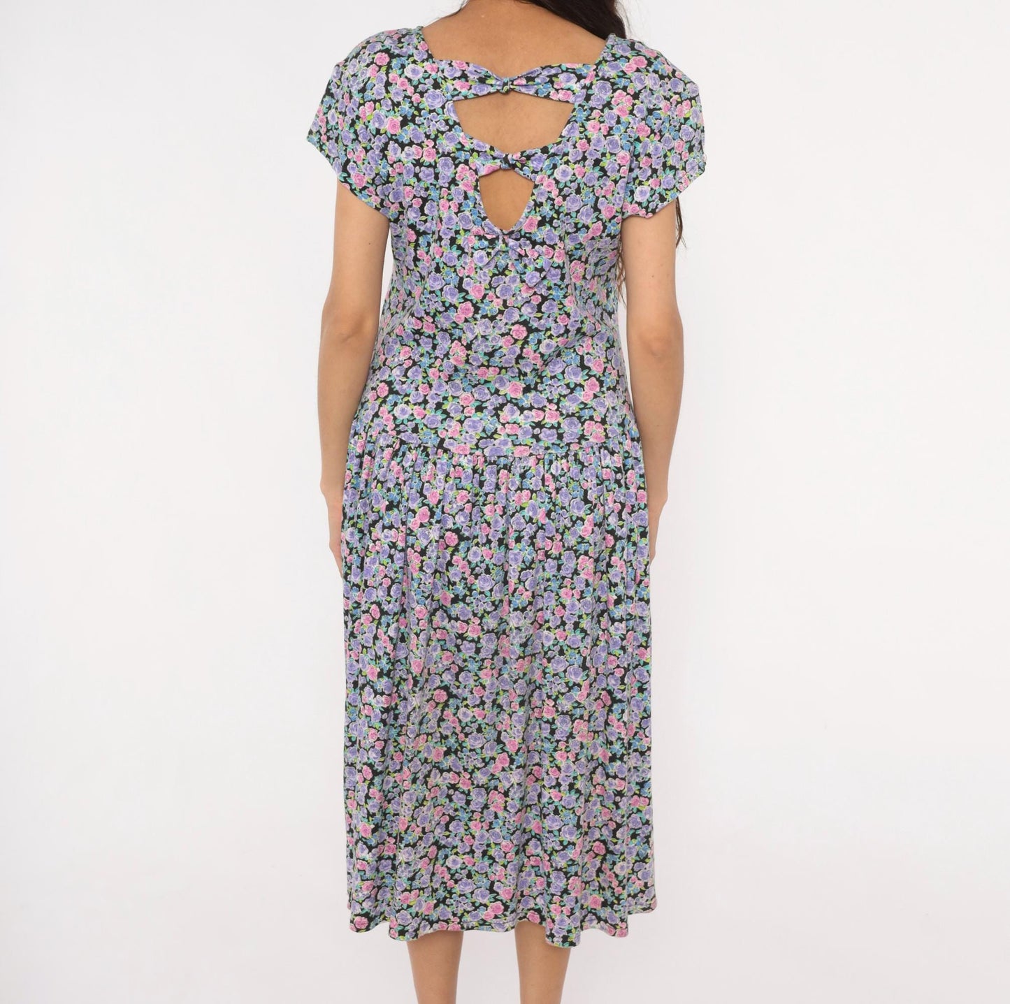 90s Sunshine Starshine Floral Midi Dress Purple Pink Rose Cap Sleeve Large