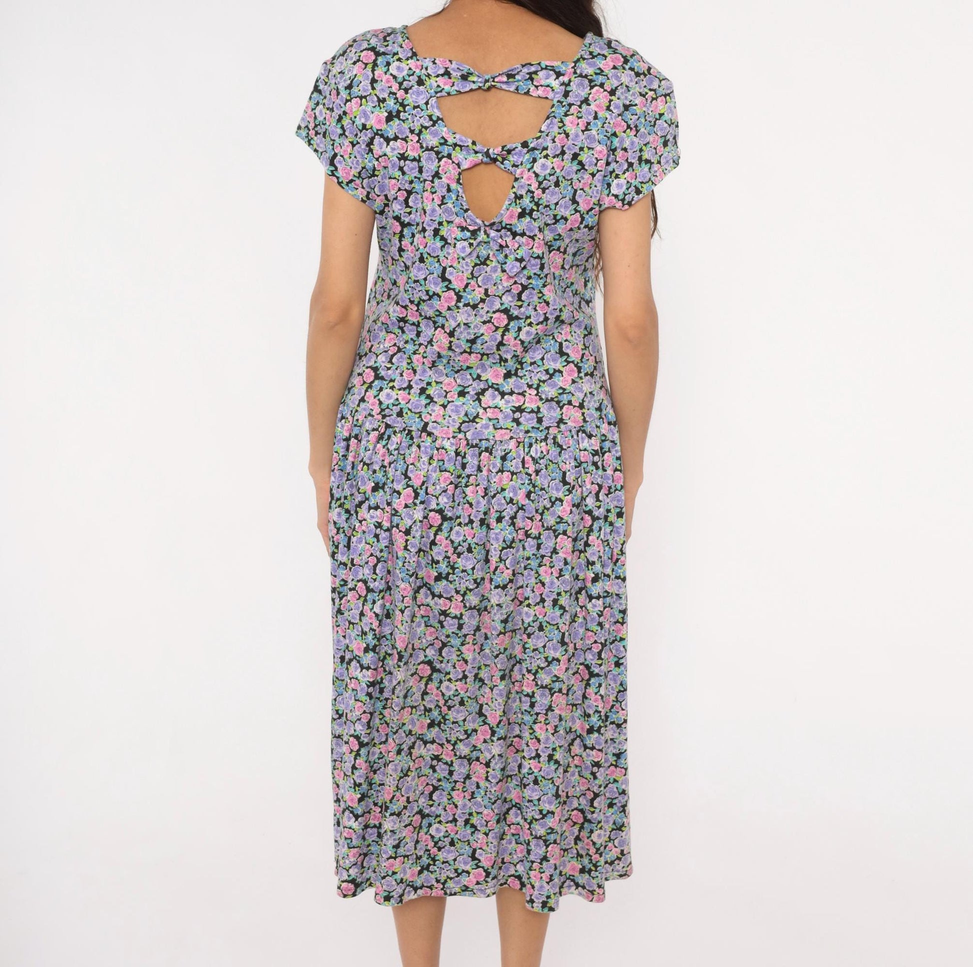 90s Sunshine Starshine Floral Midi Dress Purple Pink Rose Cap Sleeve Large