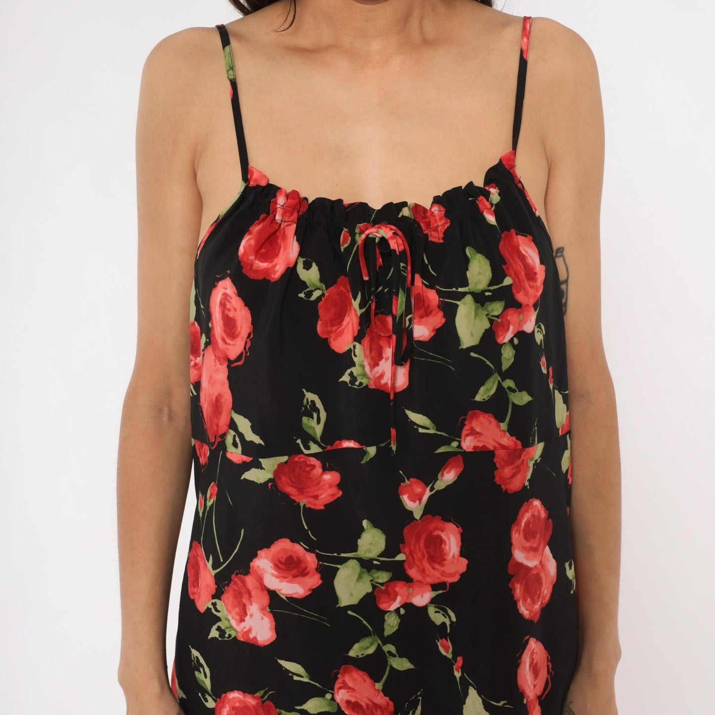 90s Chesley Rose Print Slip Dress Black Midi Spaghetti Strap Open Back Extra Large