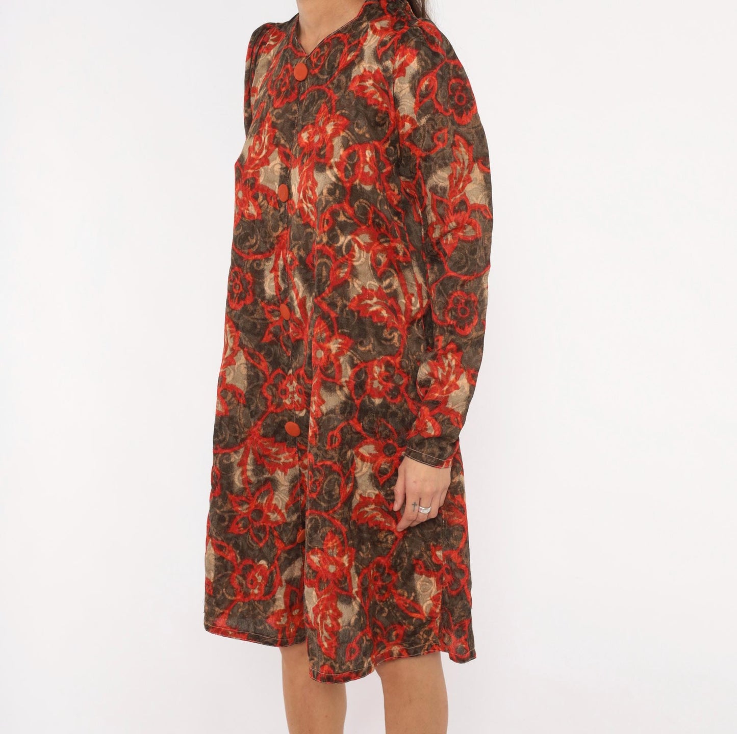90s Floral Vine Dress Red Brown Scrolling Leaf Print V Neck Puff Shoulder Small S