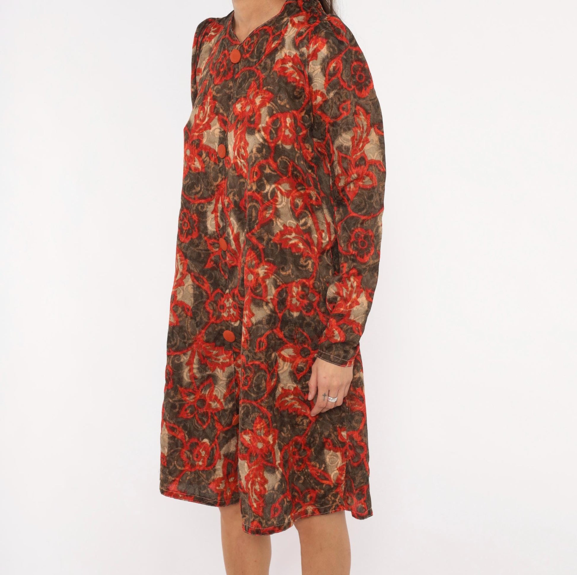90s Floral Vine Dress Red Brown Scrolling Leaf Print V Neck Puff Shoulder Small S