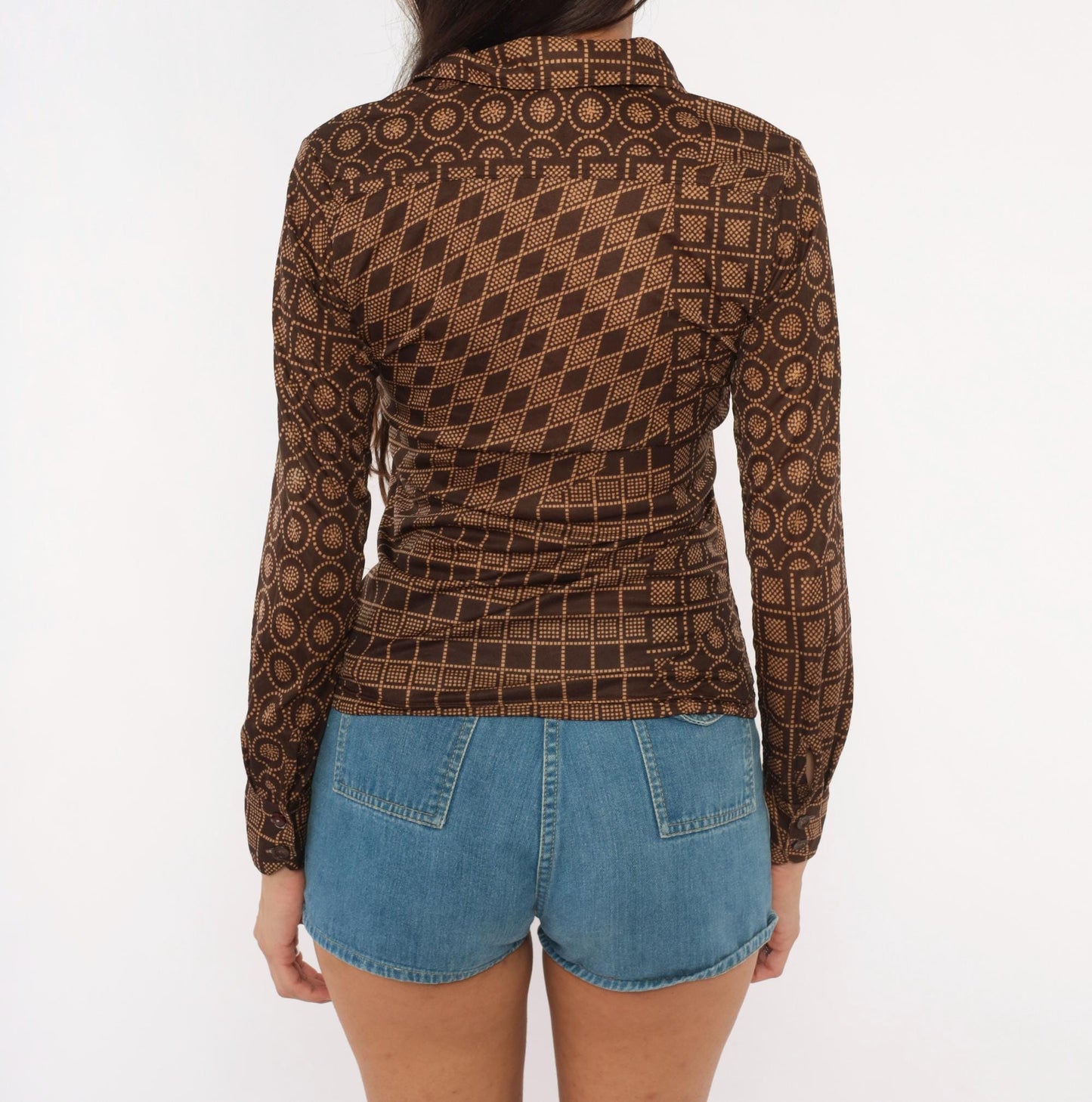 70s Esprit Geometric Dot Print Blouse Brown Tan V Neck Pullover Small