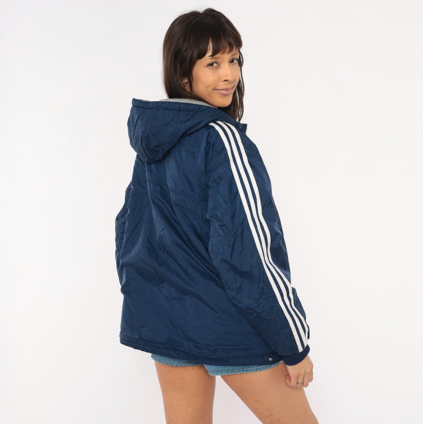 90s Adidas Reversible Windbreaker Hoodie Navy Grey Three Stripe Jacket Large L