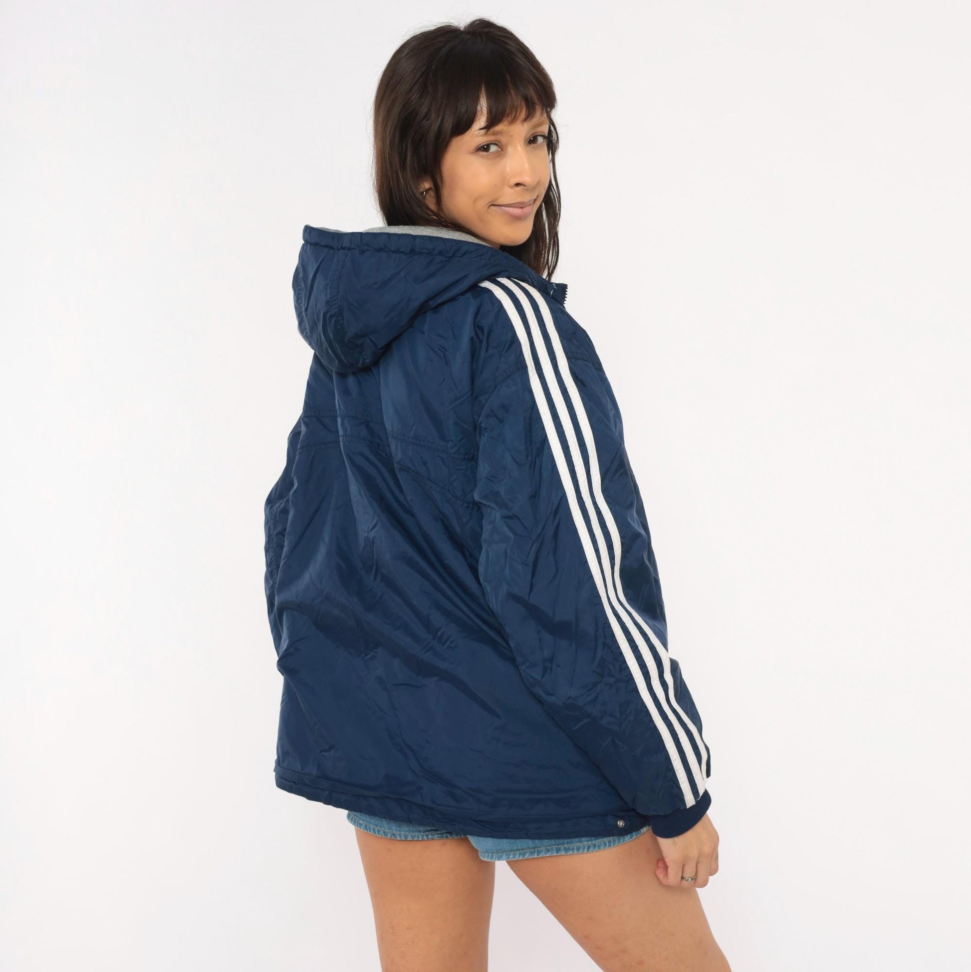 90s Adidas Reversible Windbreaker Hoodie Navy Grey Three Stripe Jacket Large L