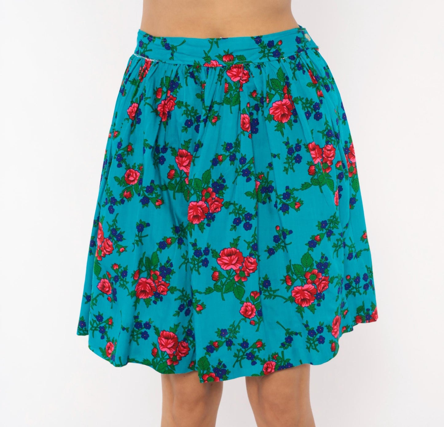 70s Teal Floral Cotton Mini Skirt High-Waisted A-Line Button Back Small S