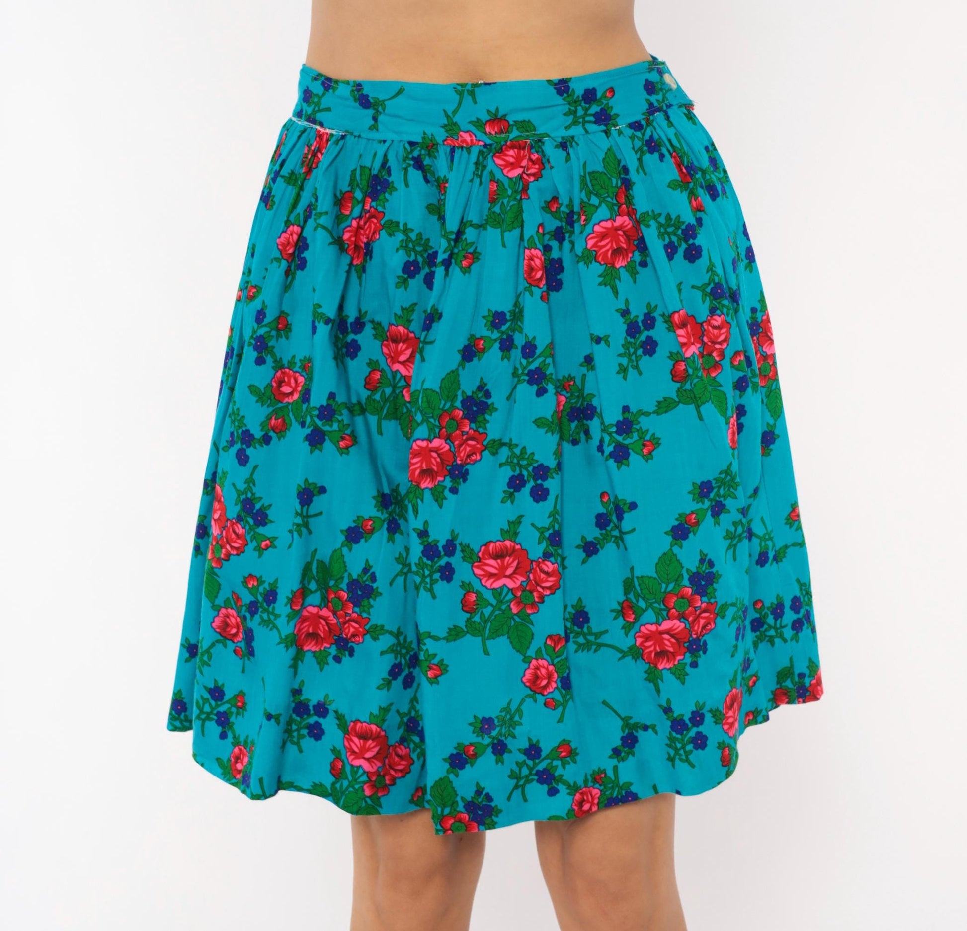 70s Teal Floral Cotton Mini Skirt High-Waisted A-Line Button Back Small S