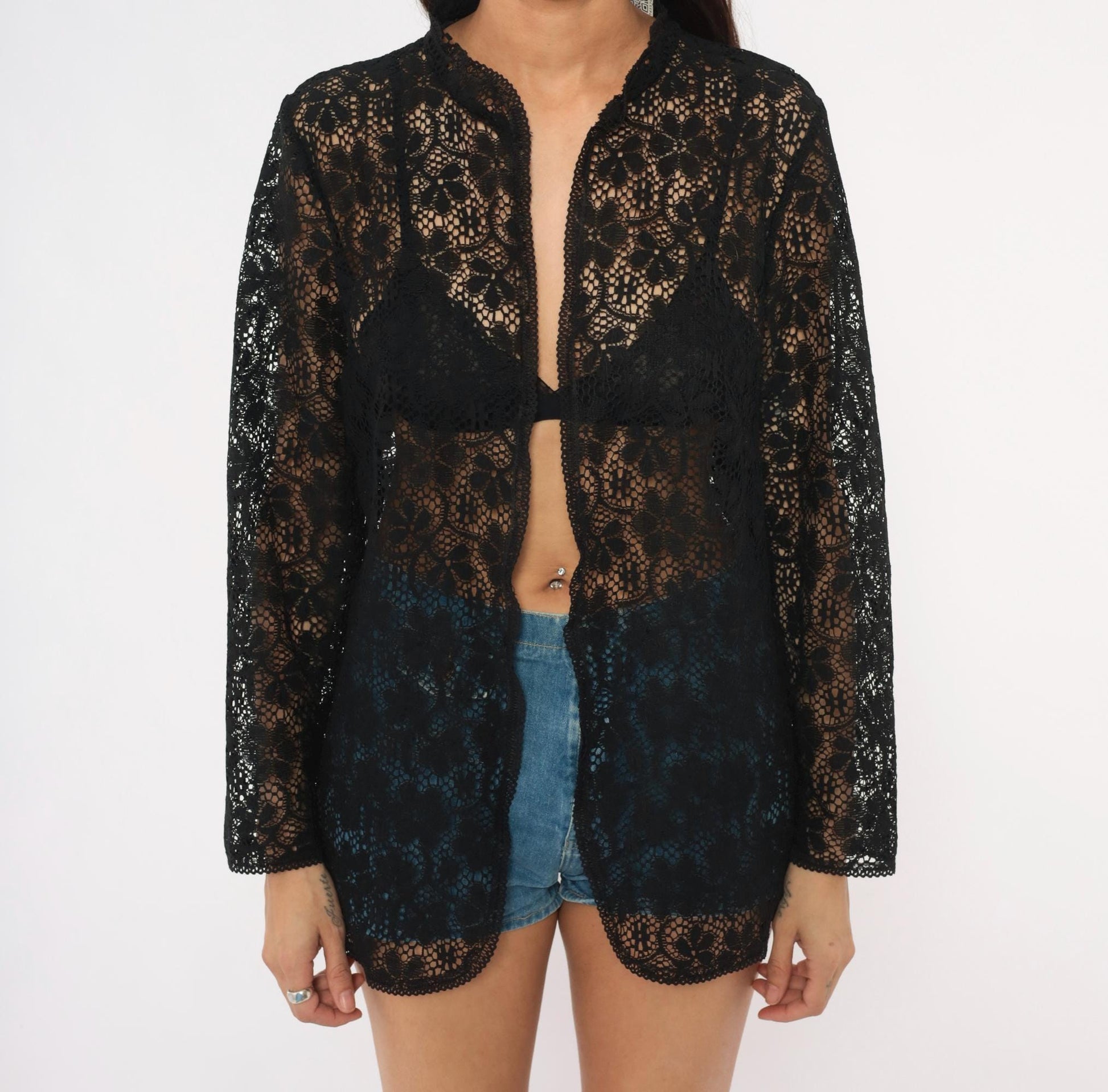 90s Black Floral Crochet Lace Blouse Mandarin Collar Long Sleeve Medium