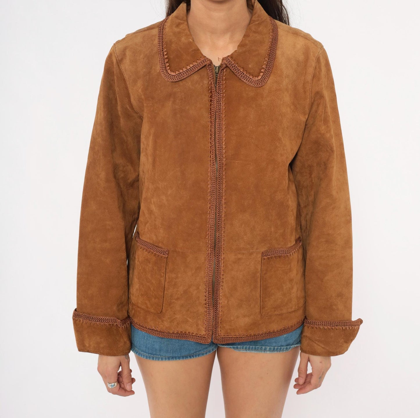 2000s Christopher & Banks Suede Jacket Brown Crochet Trim Zip Collared Large L