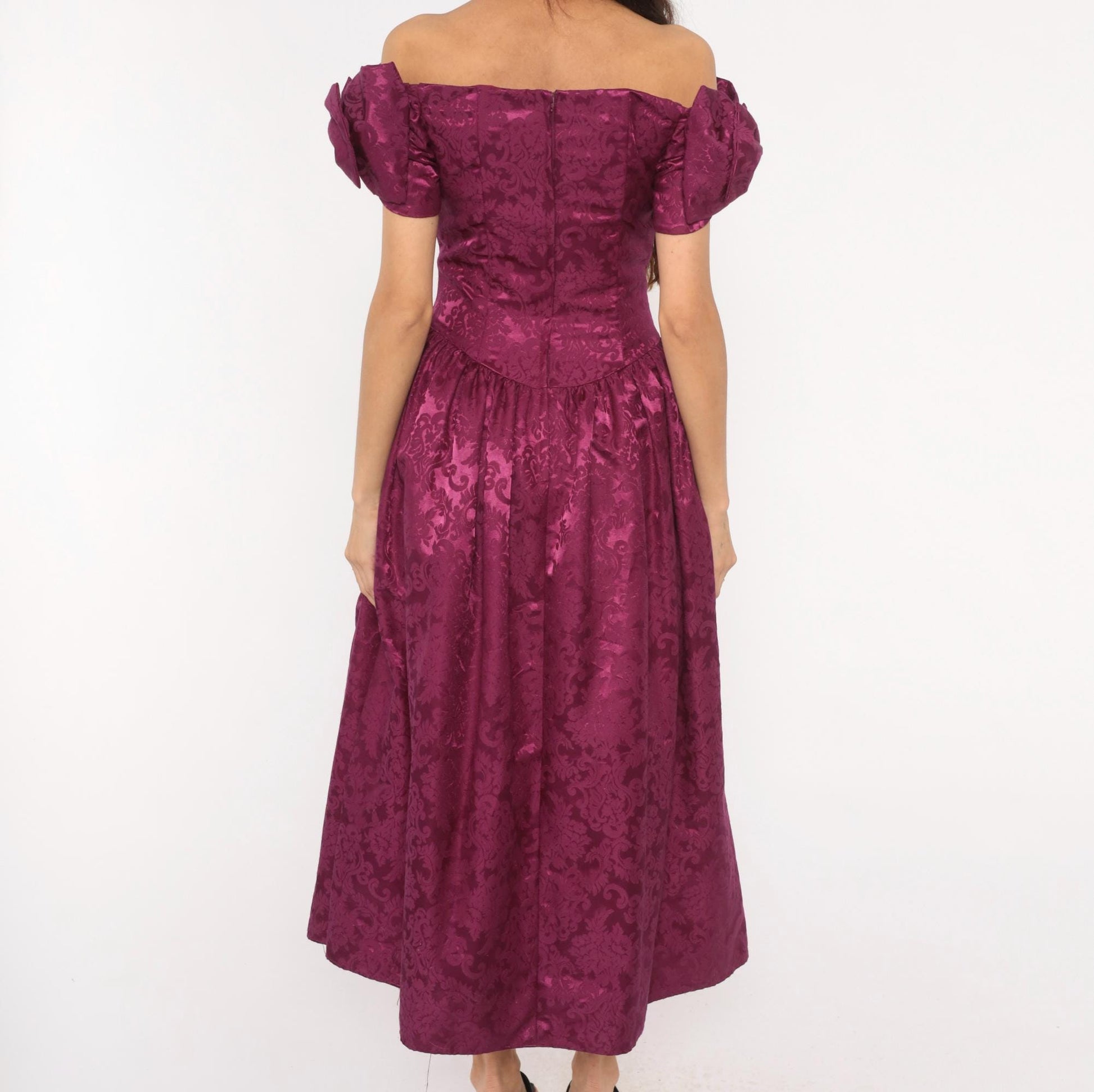 Jessica McClintock 80s Plum Brocade Puff Sleeve Gown Small