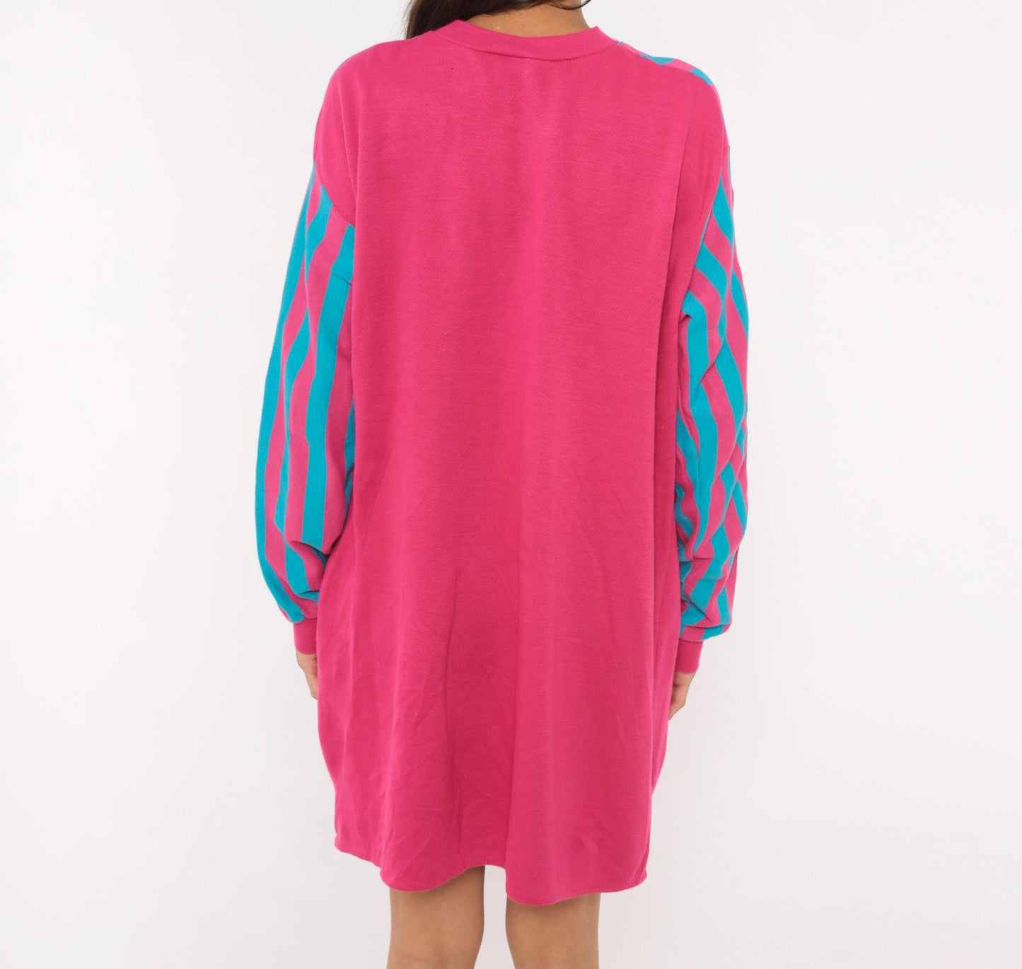 80s Sleep Mates Striped Sweatshirt Dress Hot Pink Teal Knee-Length Small