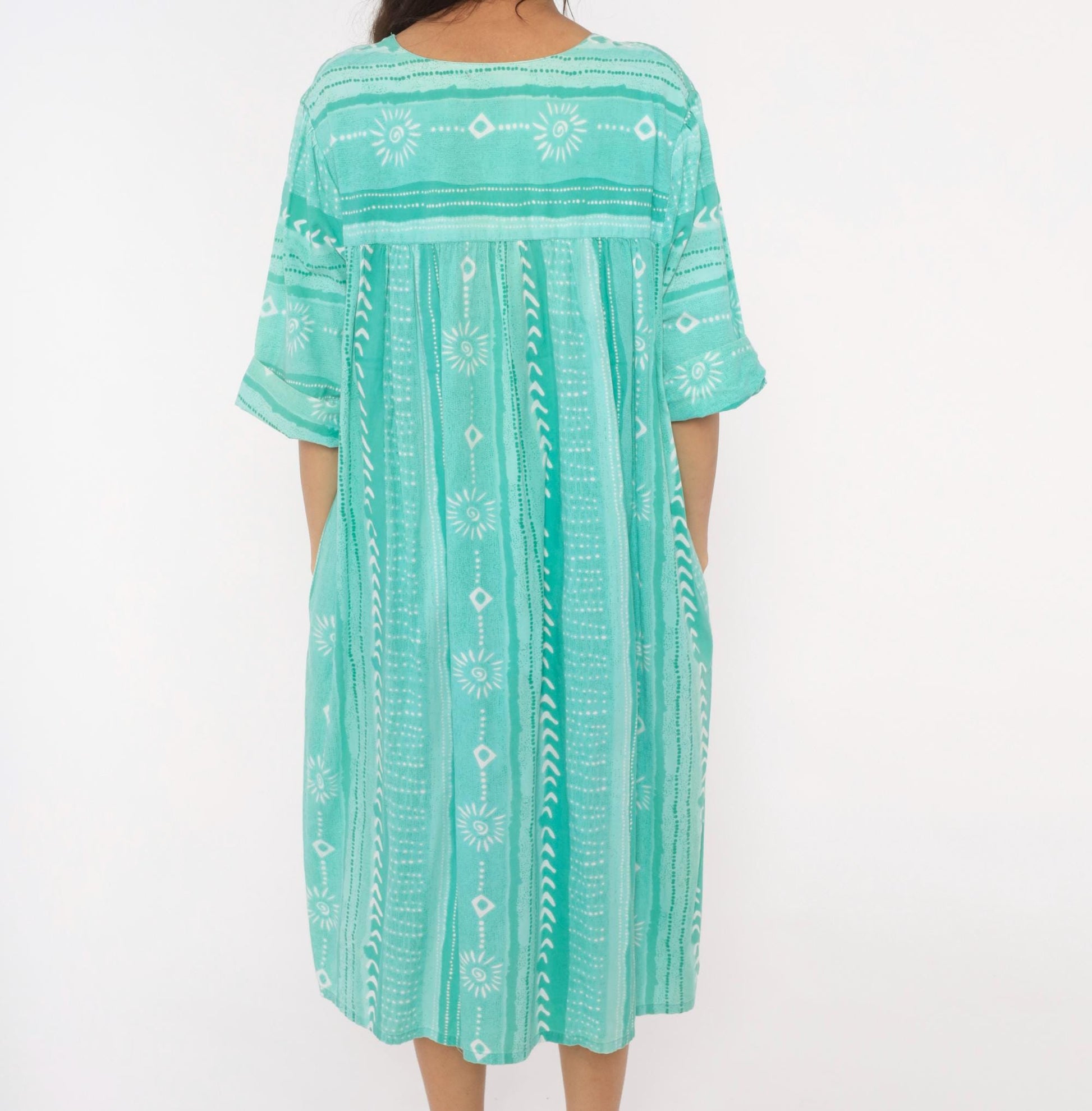 80s Styled By Saybury Teal Block Print Cotton Muumuu Midi Dress Plus Size 1X