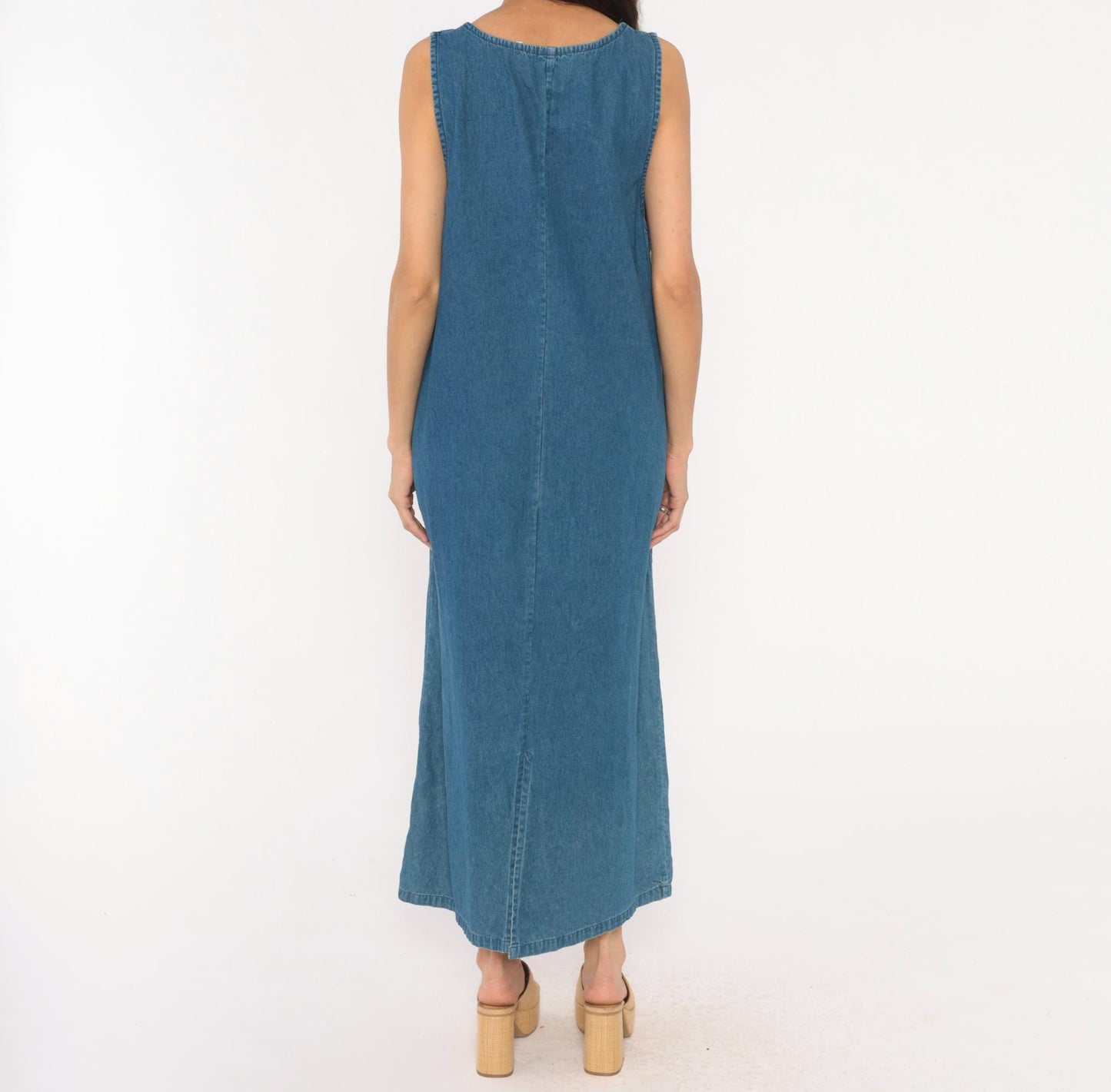 90s Keren Hart Nautical Denim Maxi Dress Embroidered Lighthouse Anchor Medium M