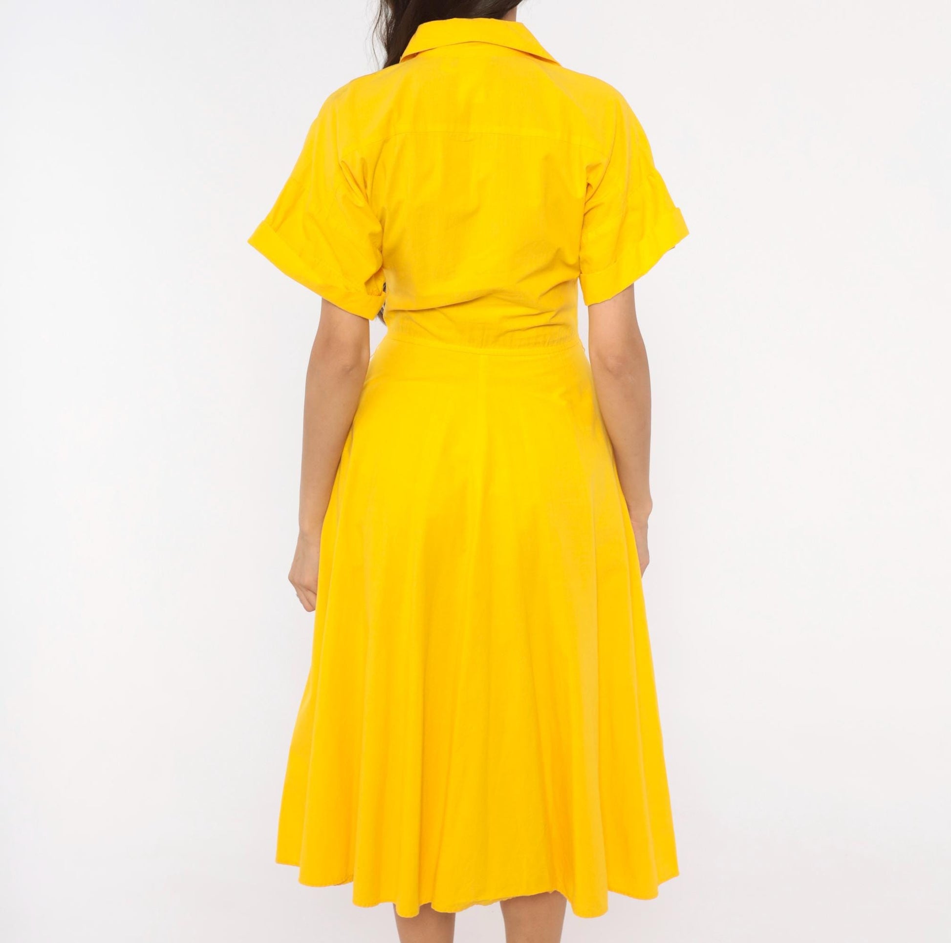 80s Laine Yellow Cotton Shirtdress Midi Collar Pockets Extra Small XS