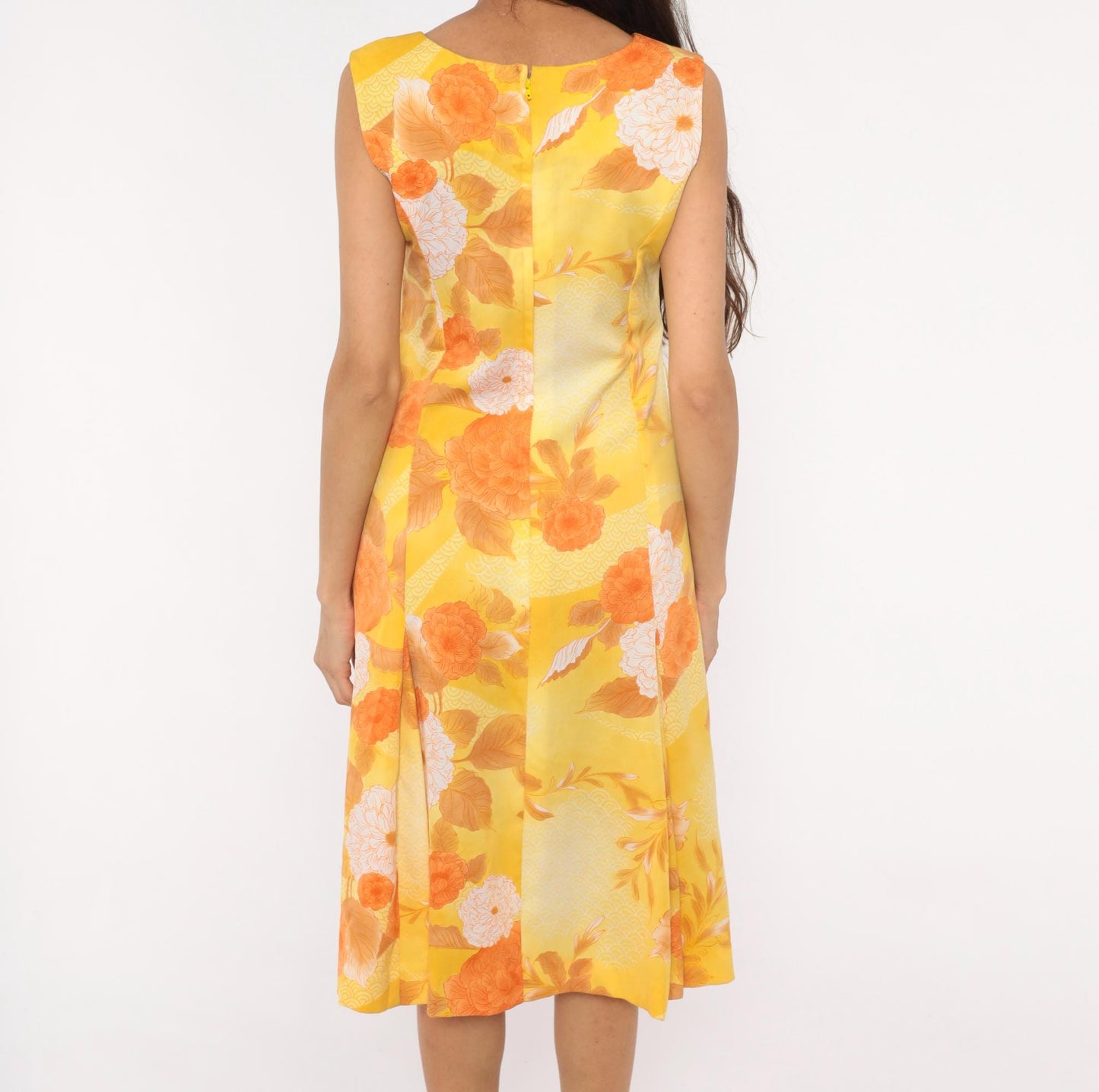 1970s Polynesian Casuals Floral Dress Yellow Orange Peony Knee-Length Small