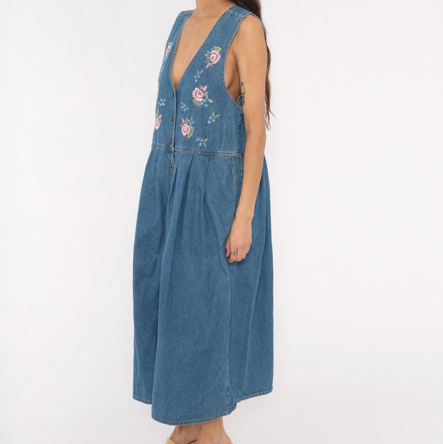 90s Casual Corner Denim Maxi Dress Floral Embroidered V-Neck Button Front Large