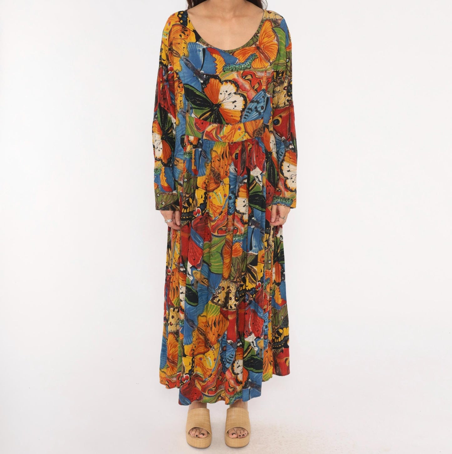 90s We Bebop Butterfly Maxi Dress Empire Waist Long Sleeve Multicolor Extra Large XXL