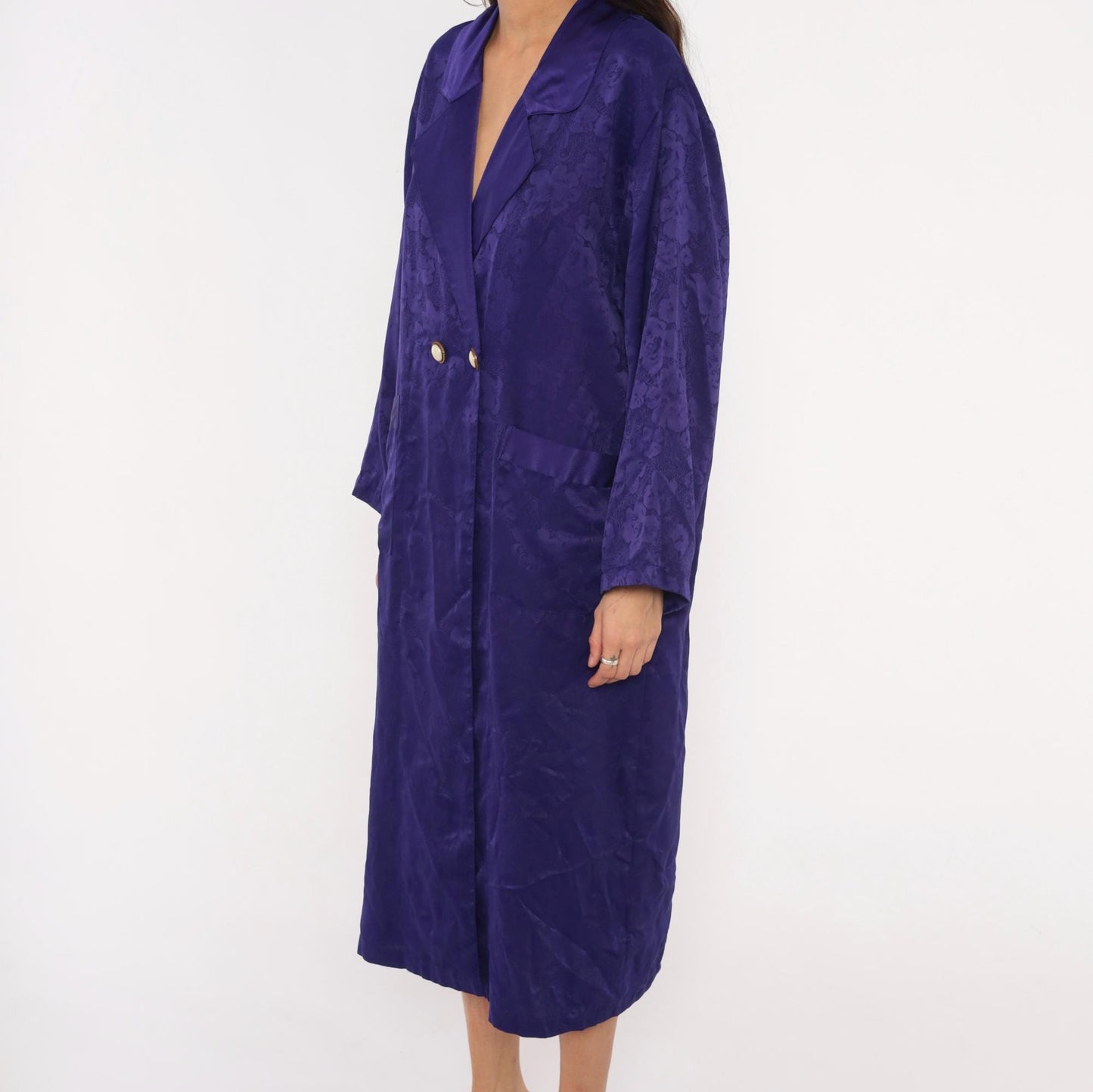 90s Victoria's Secret Purple Jacquard Midi Robe Double Breasted Satin Lapel Small