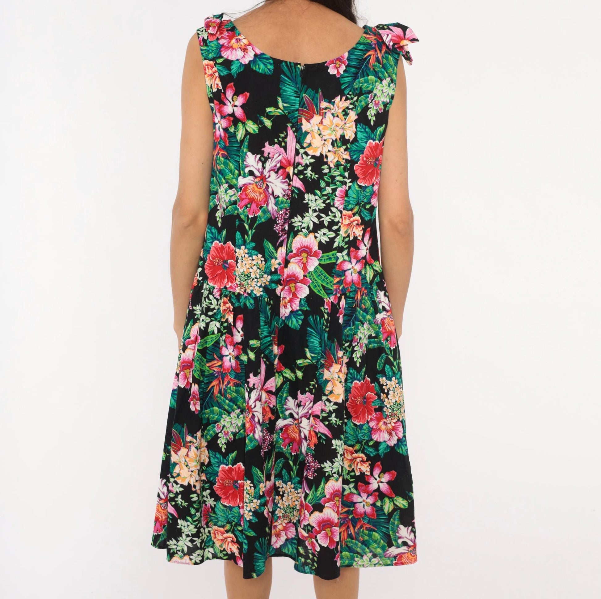 90s D.L. Originals Tropical Floral Sundress Black Pink Cotton Plus Size 1X