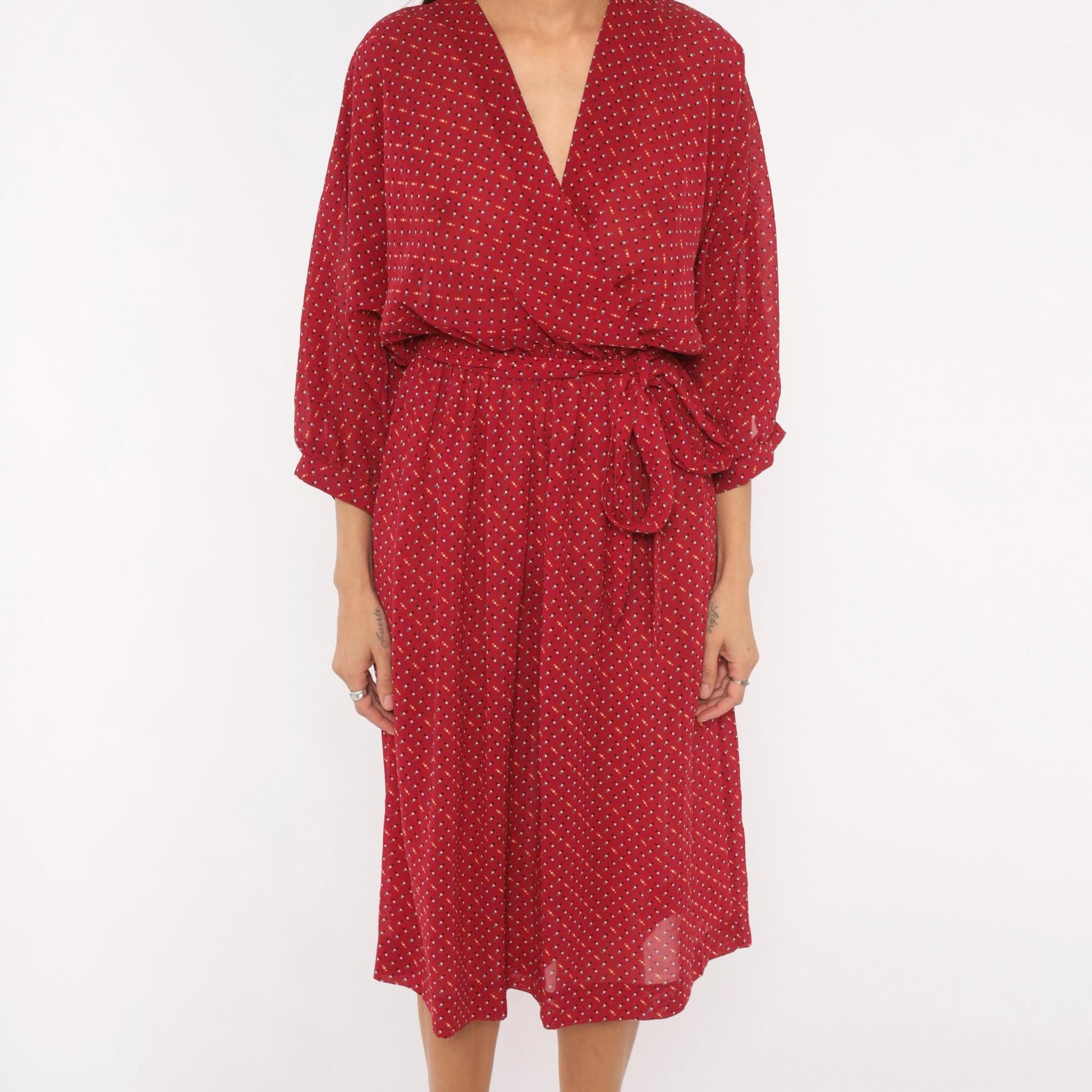 80s Virgo Il Burgundy Wrap Dress Dotted Print Knee-Length V-Neck Extra Large