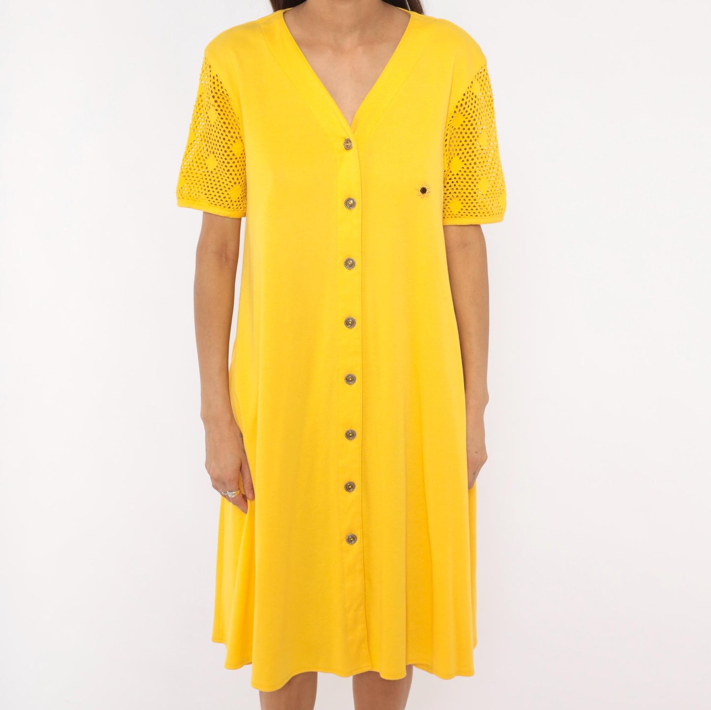 90s Leisure Living Sunflower Embroidered Dress Yellow Cotton Mesh Sleeve Small