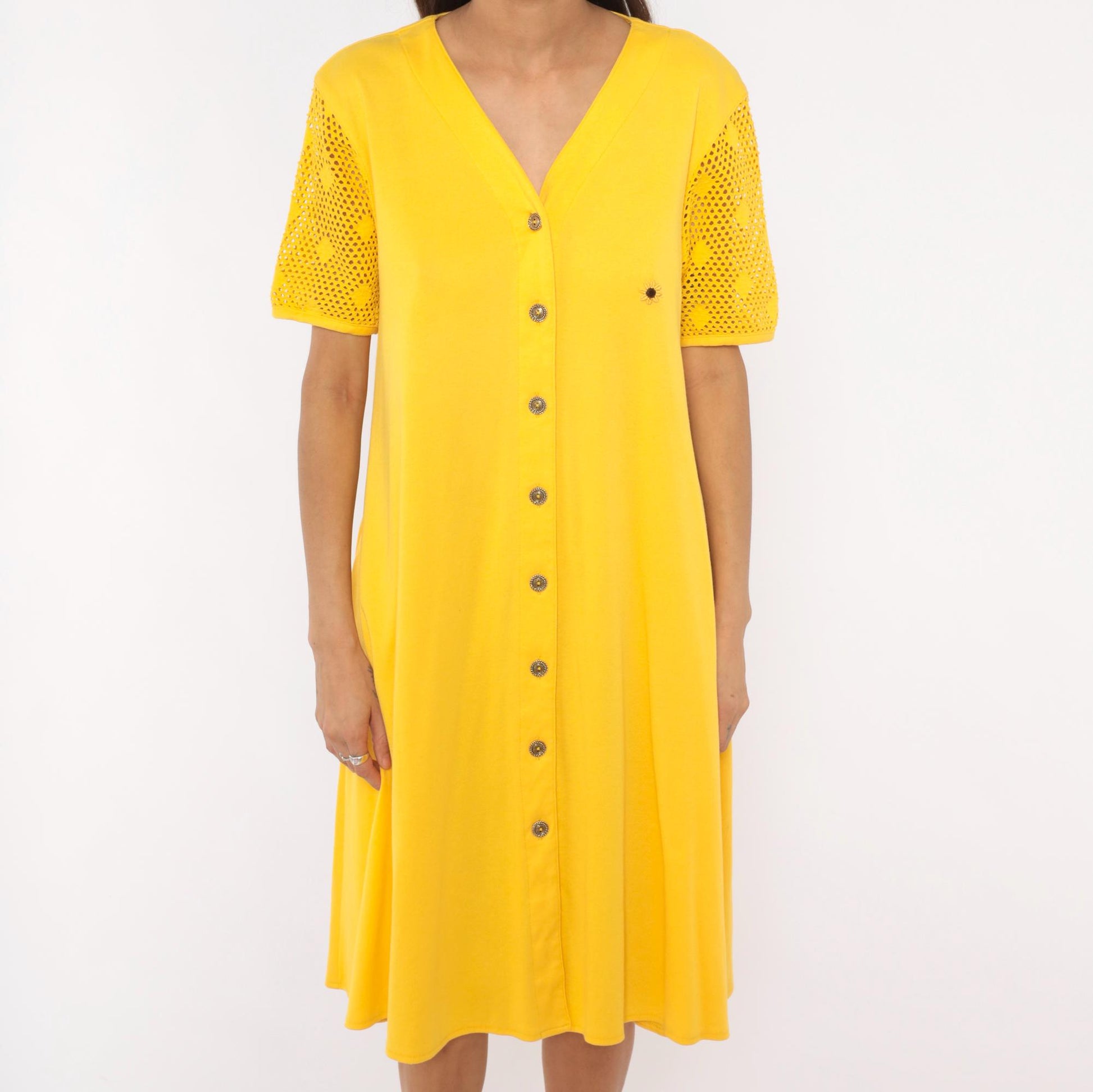 90s Leisure Living Sunflower Embroidered Dress Yellow Cotton Mesh Sleeve Small