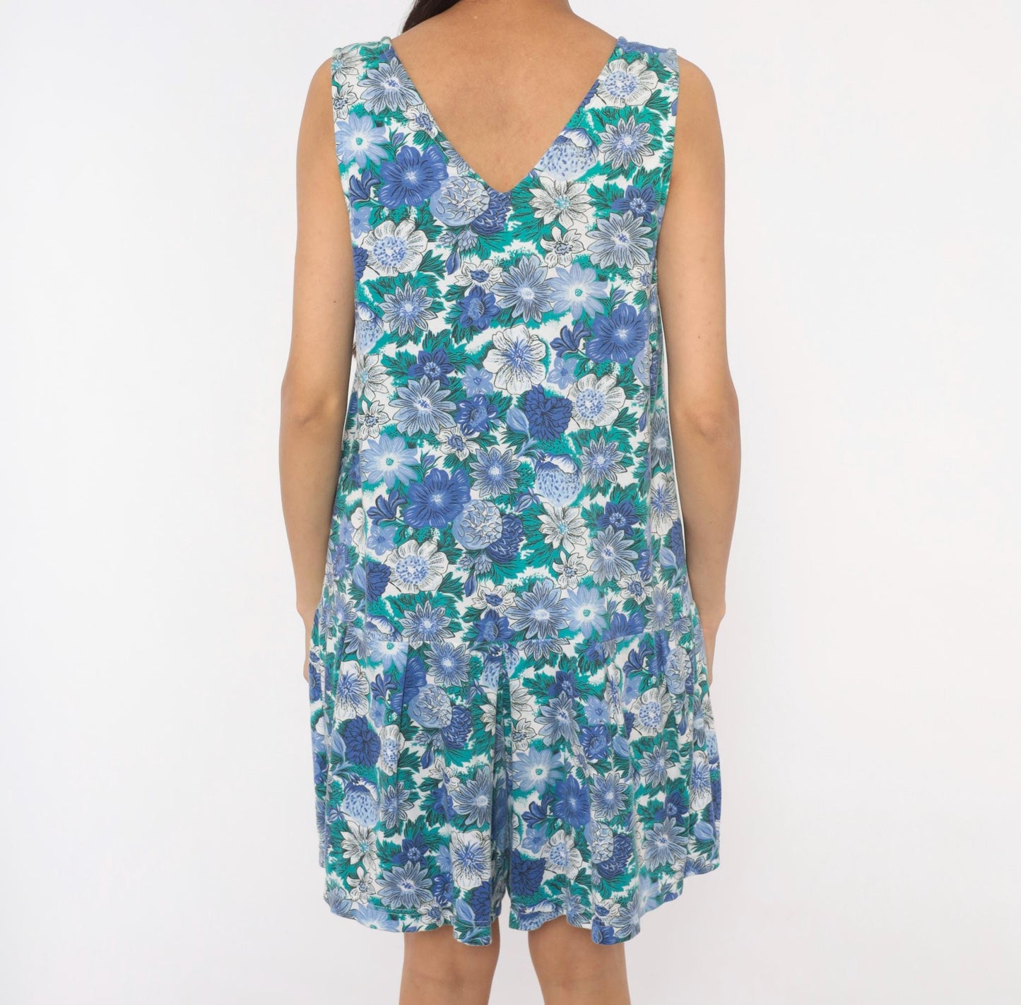 90s Floral Romper Blue Teal White Button Front V Neck Sleeveless Cotton Playsuit Medium M