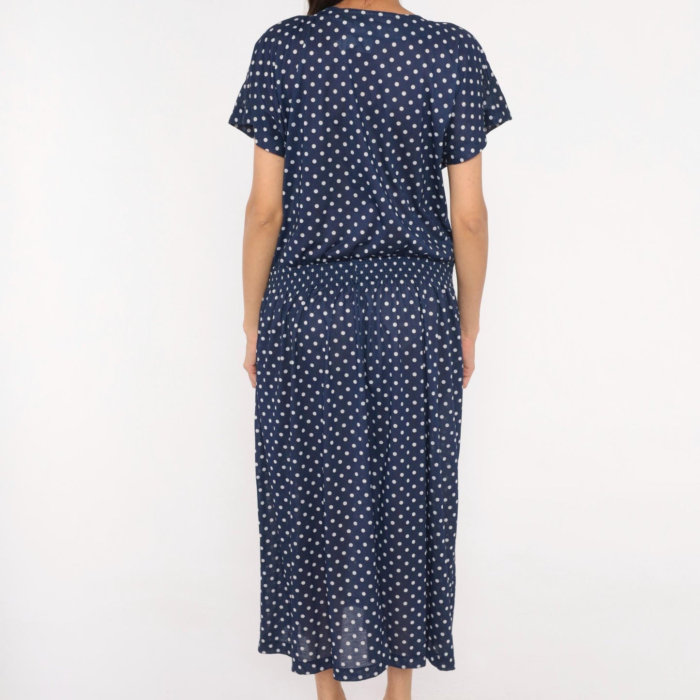 80s Darian Navy White Polka Dot Midi Dress Elastic Waist Short Sleeve Extra Large XL