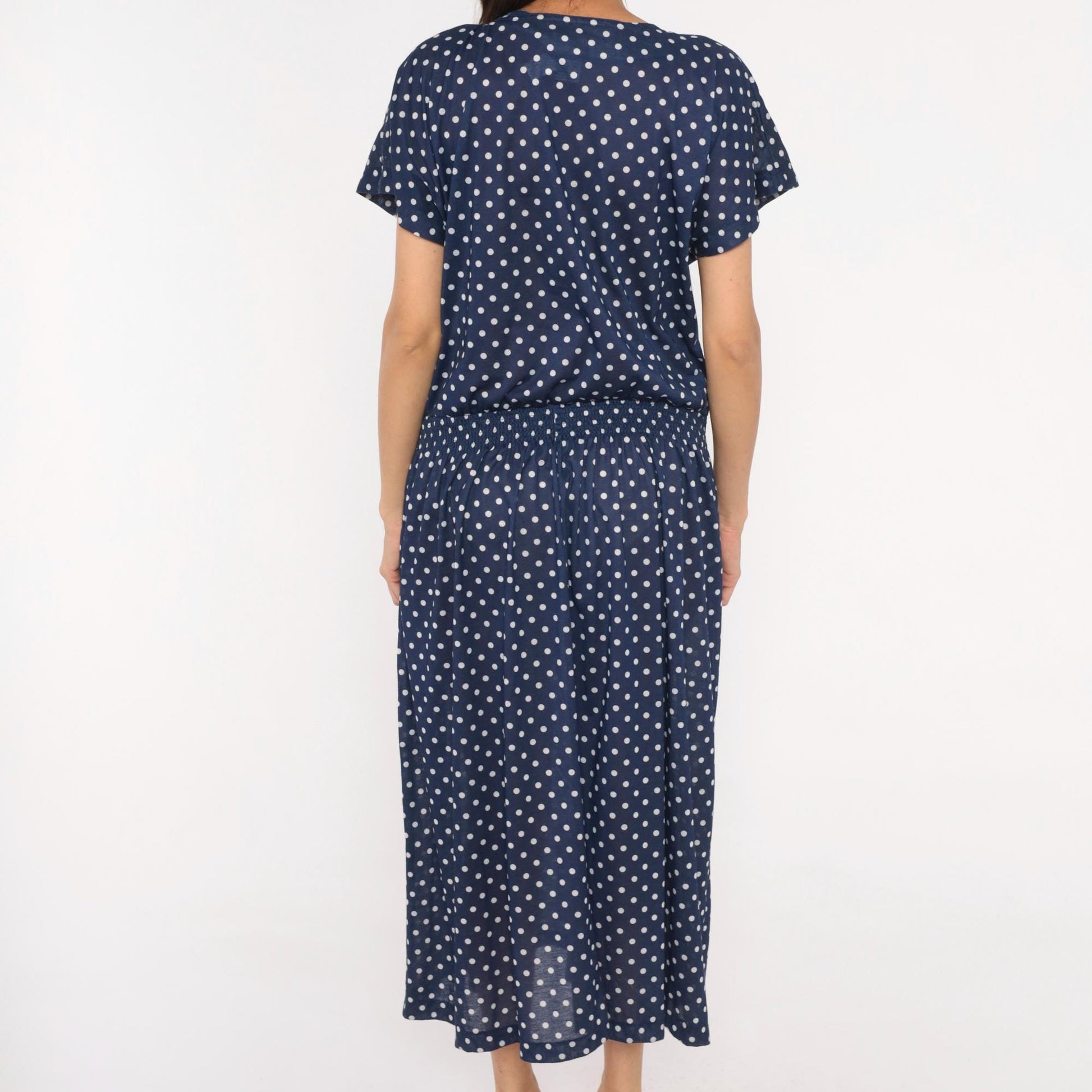 80s Darian Navy White Polka Dot Midi Dress Elastic Waist Short Sleeve Extra Large XL